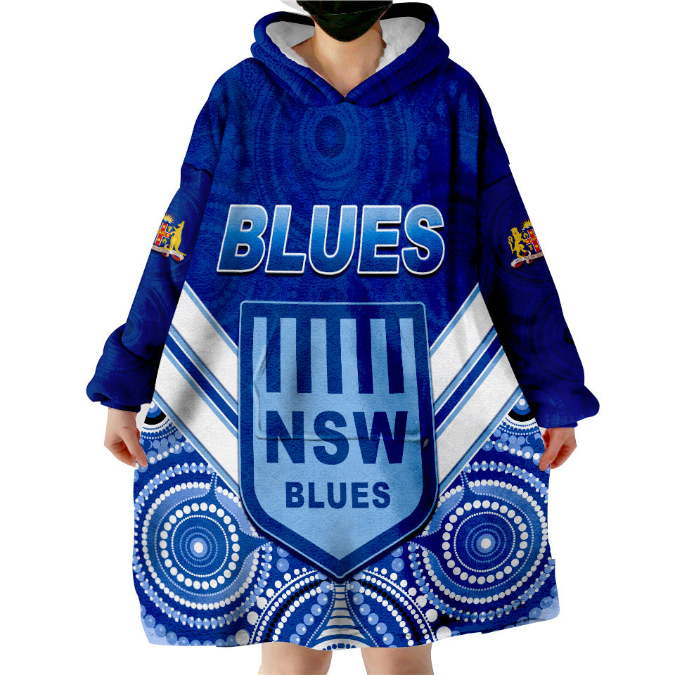 (Custom Text and Number) Blues NSW Rugby Aboriginal New South Wales Origin Wearable Blanket Hoodie - Vibe Hoodie Shop