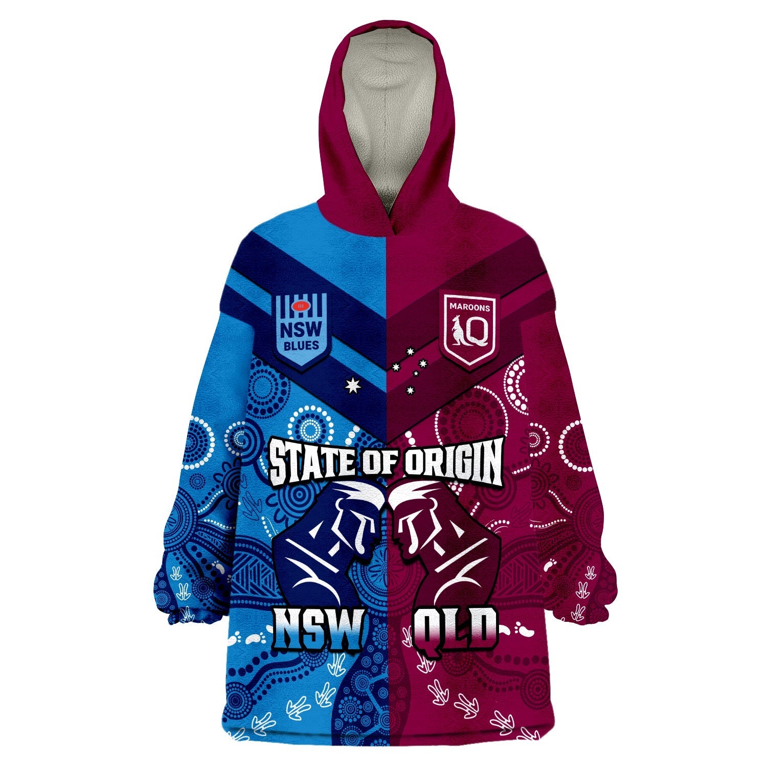 (Custom Personalised) QLD Maroons And NSW Blues Rugby Wearable Blanket Hoodie State of Origin Indigenous - Vibe Hoodie Shop