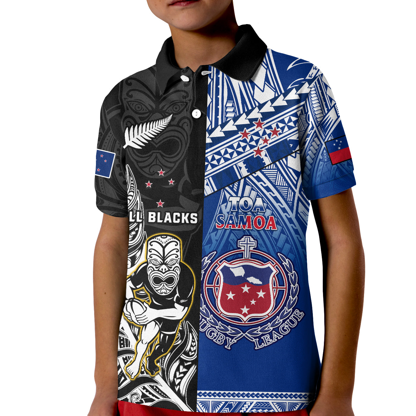 (Custom Personalised) All Black And Toa Samoa Rugby Polo Shirt KID NZ Maori Fern Mix Polynesian - Vibe Hoodie Shop