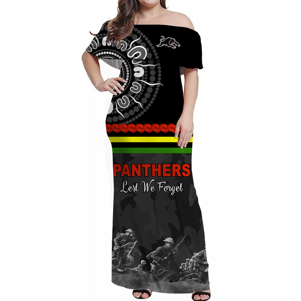 Panthers ANZAC Day Off Shoulder Long Dress Aboriginal Lest We Forget Ver.02 - Vibe Hoodie Shop