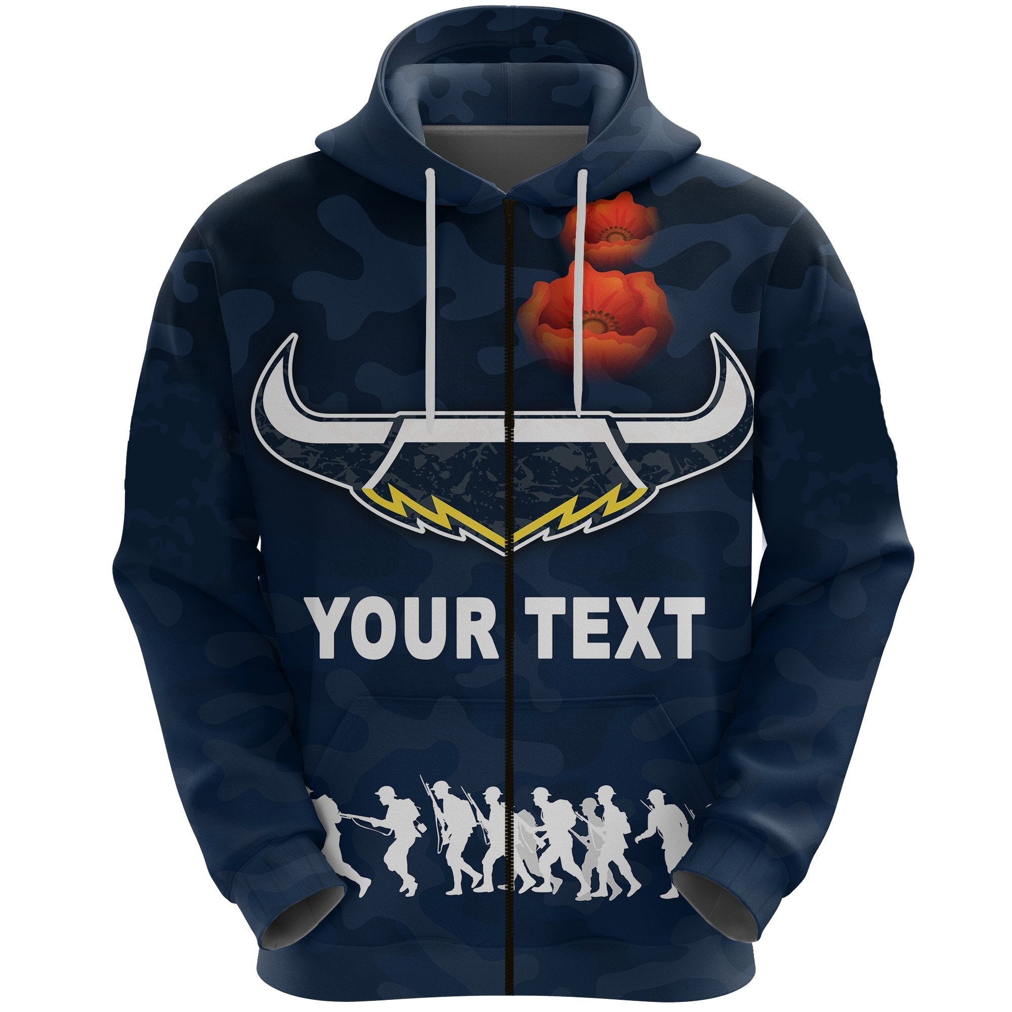 (Custom Personalised) North Queensland Cowboys Zip Hoodie ANZAC Day Camouflage Vibes - Navy RLT13 - Vibe Hoodie Shop