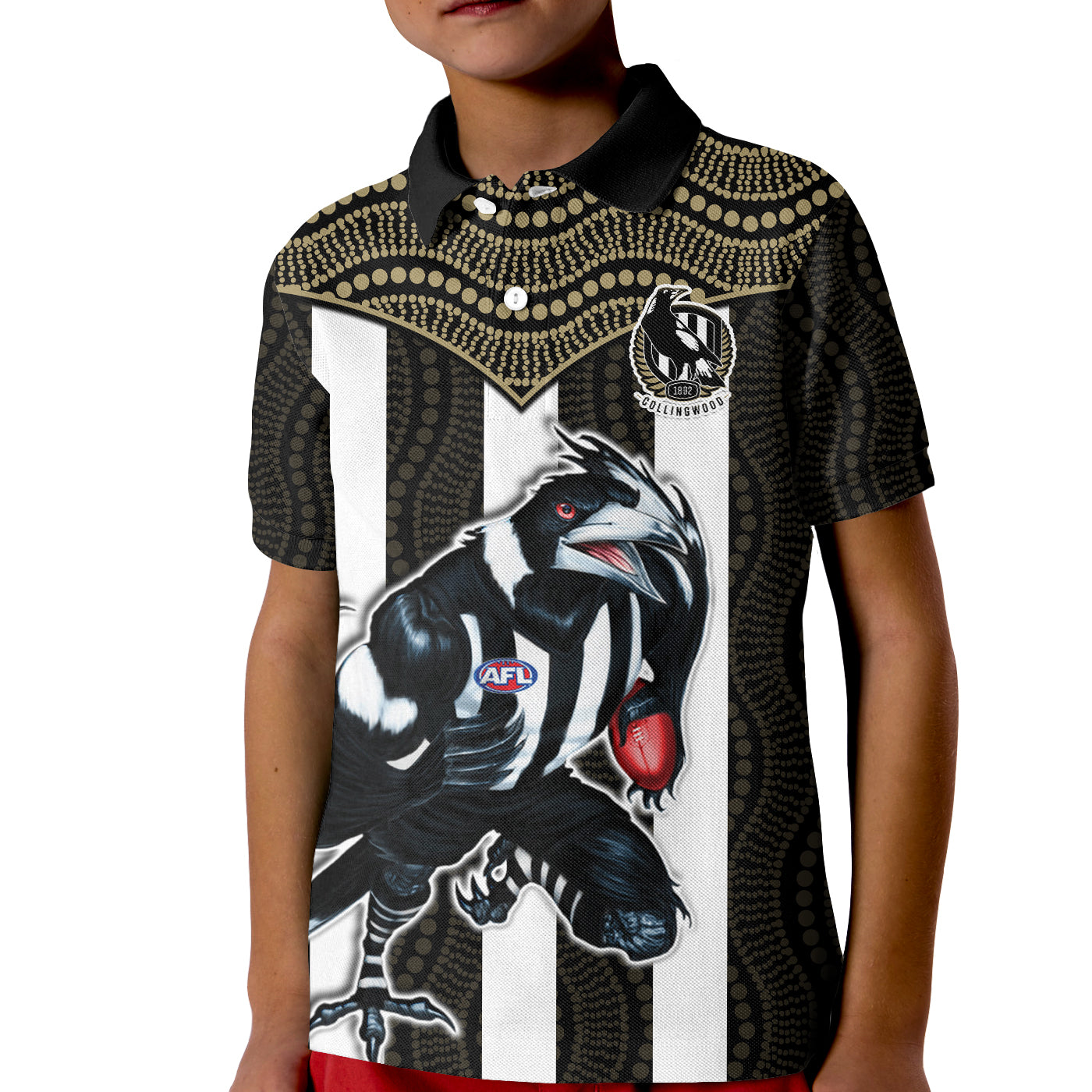 (Custom Text And Number) Magpies Football Polo Shirt KID Collingwood 1892 Indigenous Sporty Style - Vibe Hoodie Shop