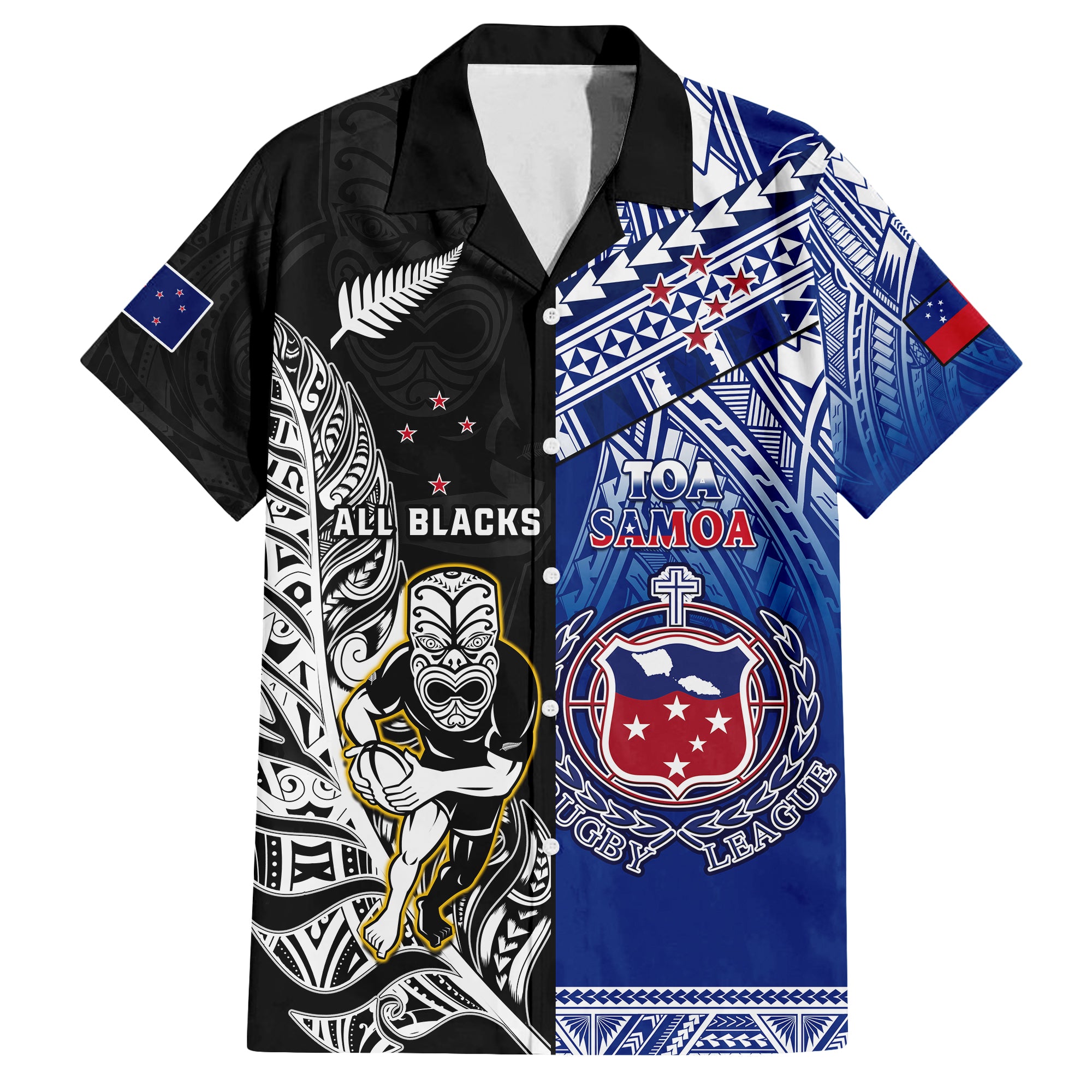 (Custom Personalised) All Black And Toa Samoa Rugby Hawaiian Shirt NZ Maori Fern Mix Polynesian - Vibe Hoodie Shop
