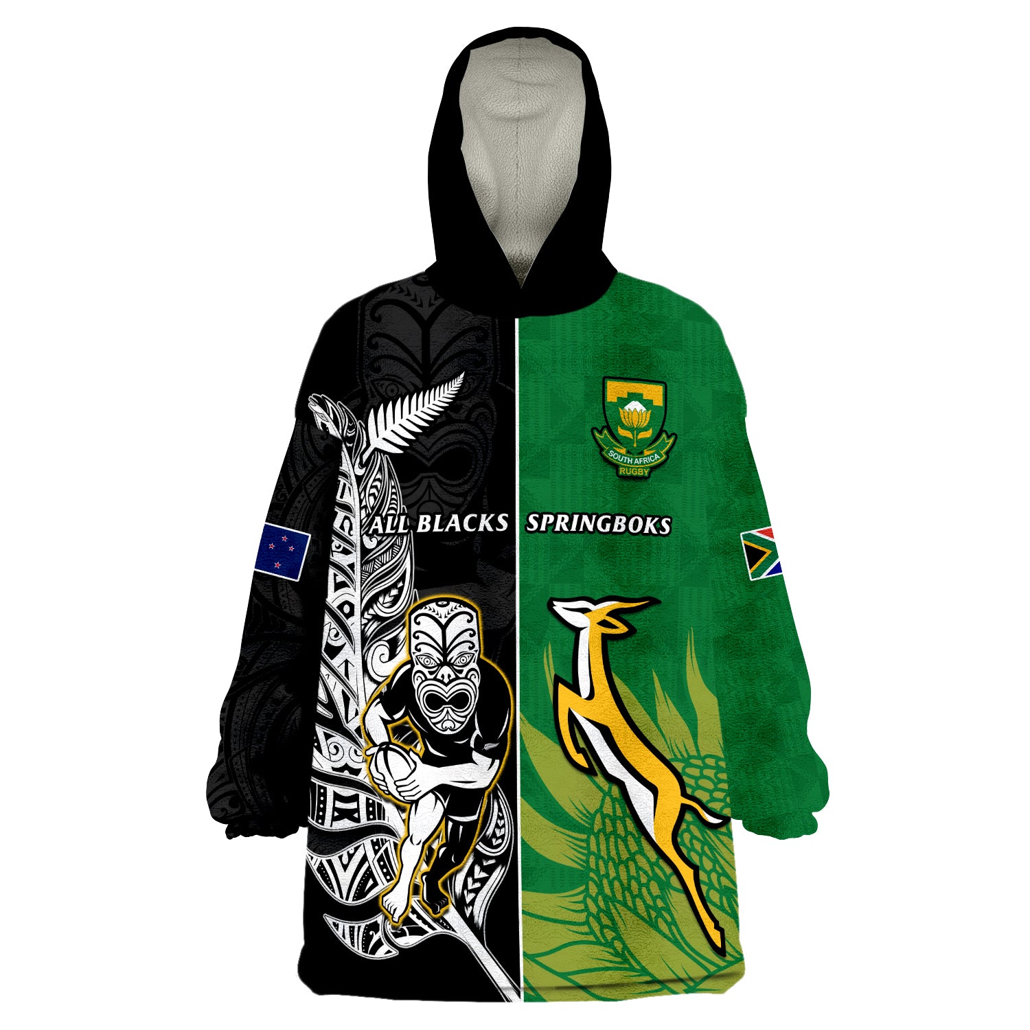 (Custom Personalised) New Zealand And South Africa Rugby Wearable Blanket Hoodie All Black Maori Mix Springboks - Vibe Hoodie Shop