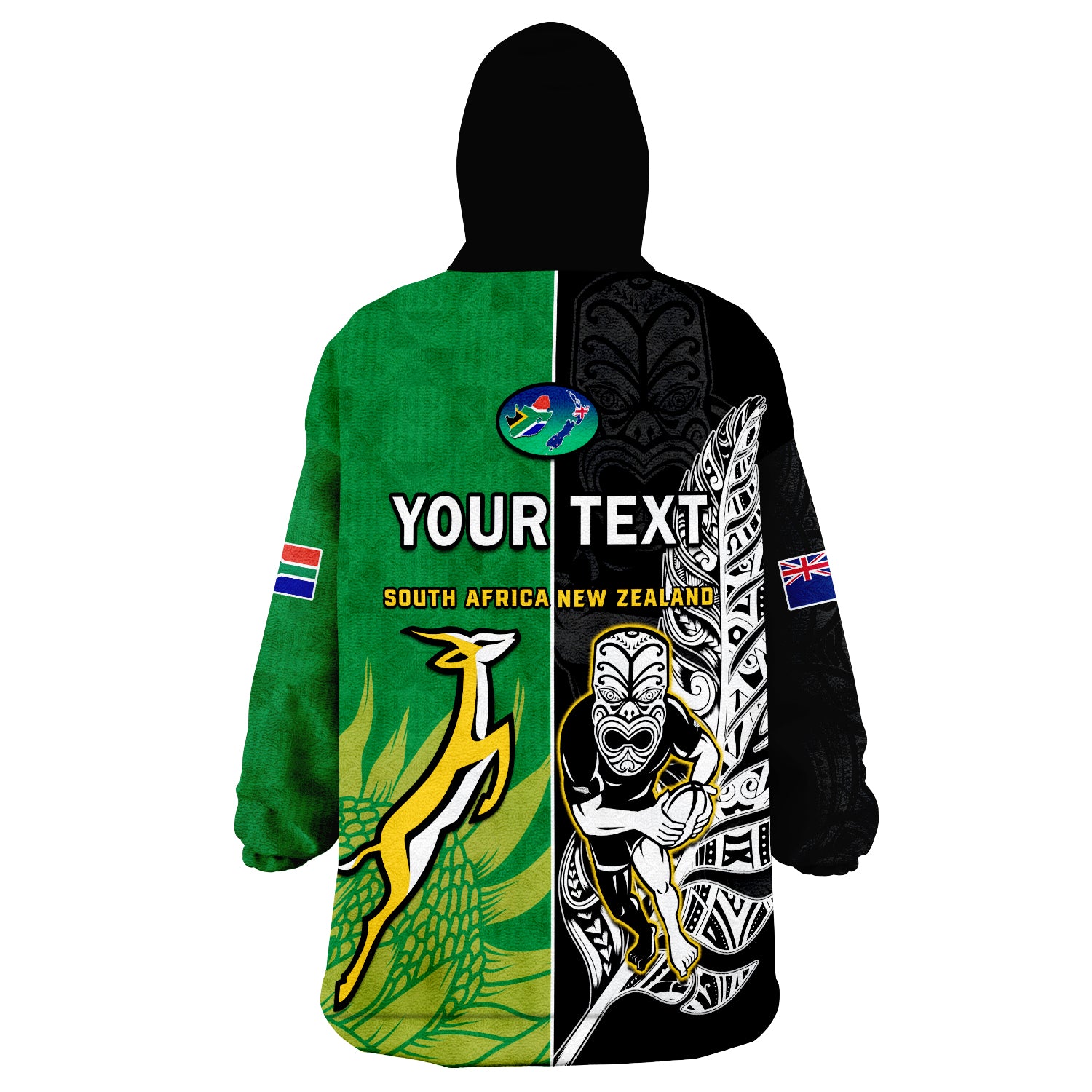 (Custom Personalised) New Zealand And South Africa Rugby Wearable Blanket Hoodie All Black Maori Mix Springboks - Vibe Hoodie Shop