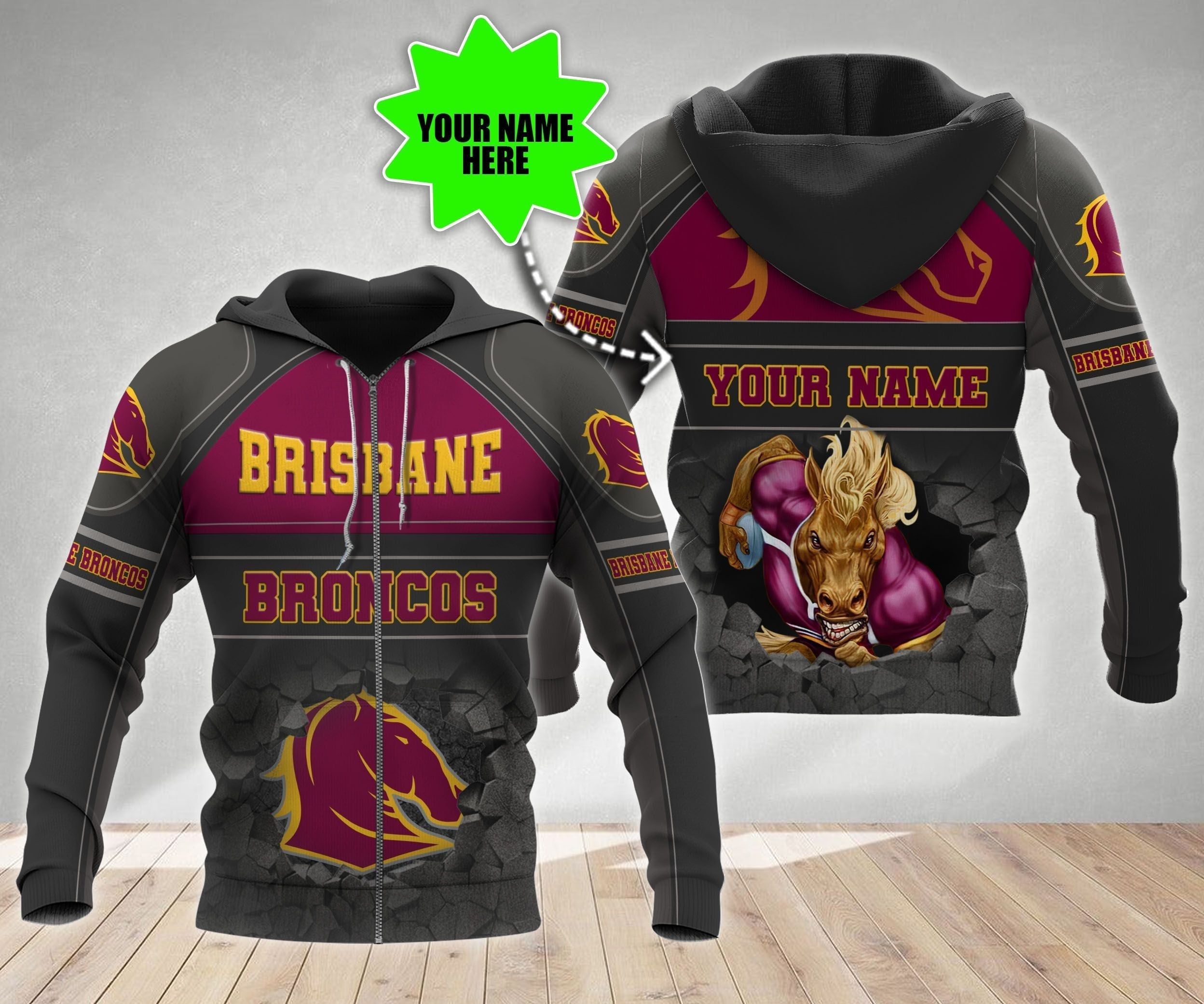 Personalized Brisbane Broncos 3D Hoodie Nrl 3D Hoodie Broken Wall LT10 - Vibe Hoodie Shop