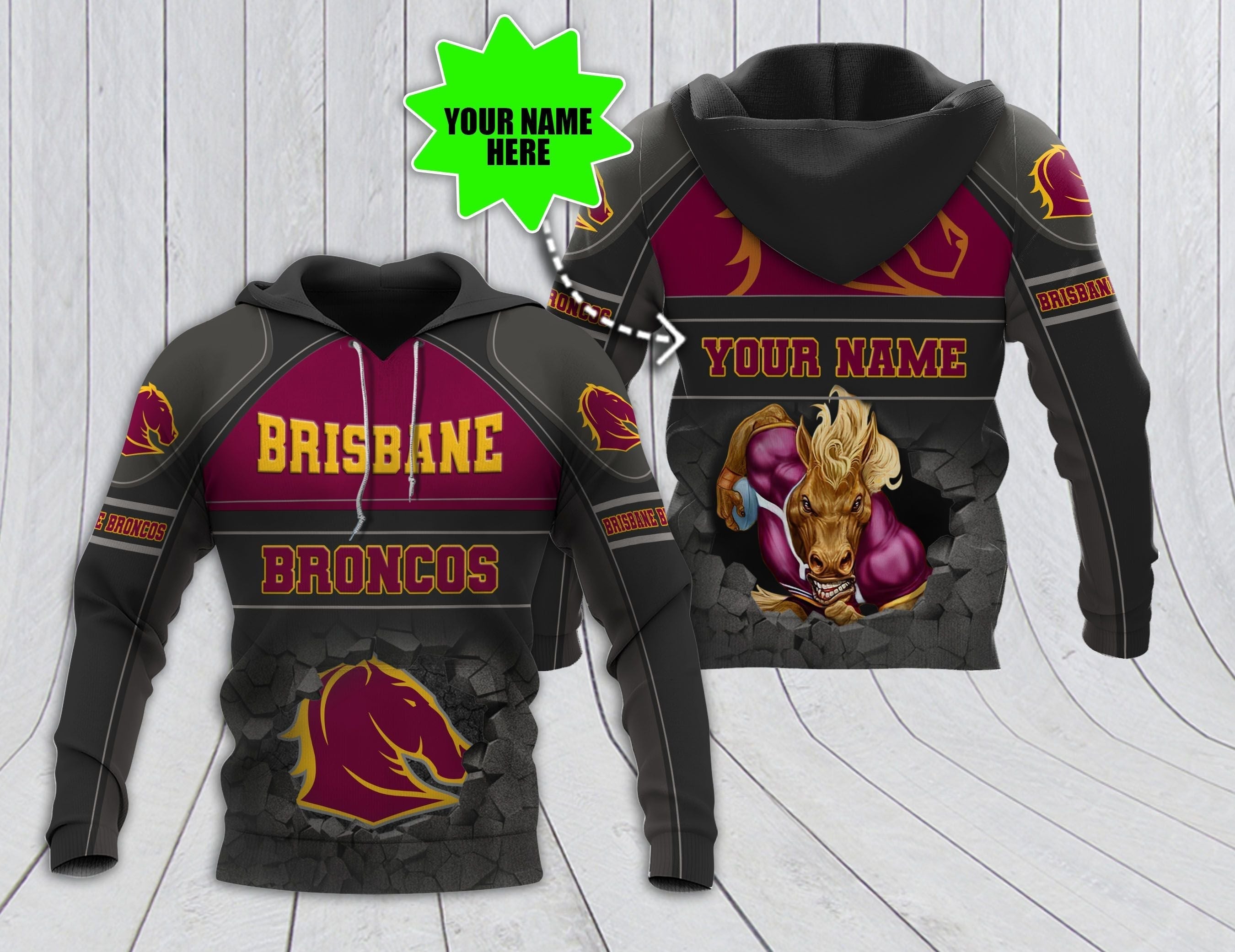 Personalized Brisbane Broncos 3D Hoodie Nrl 3D Hoodie Broken Wall LT10 - Vibe Hoodie Shop