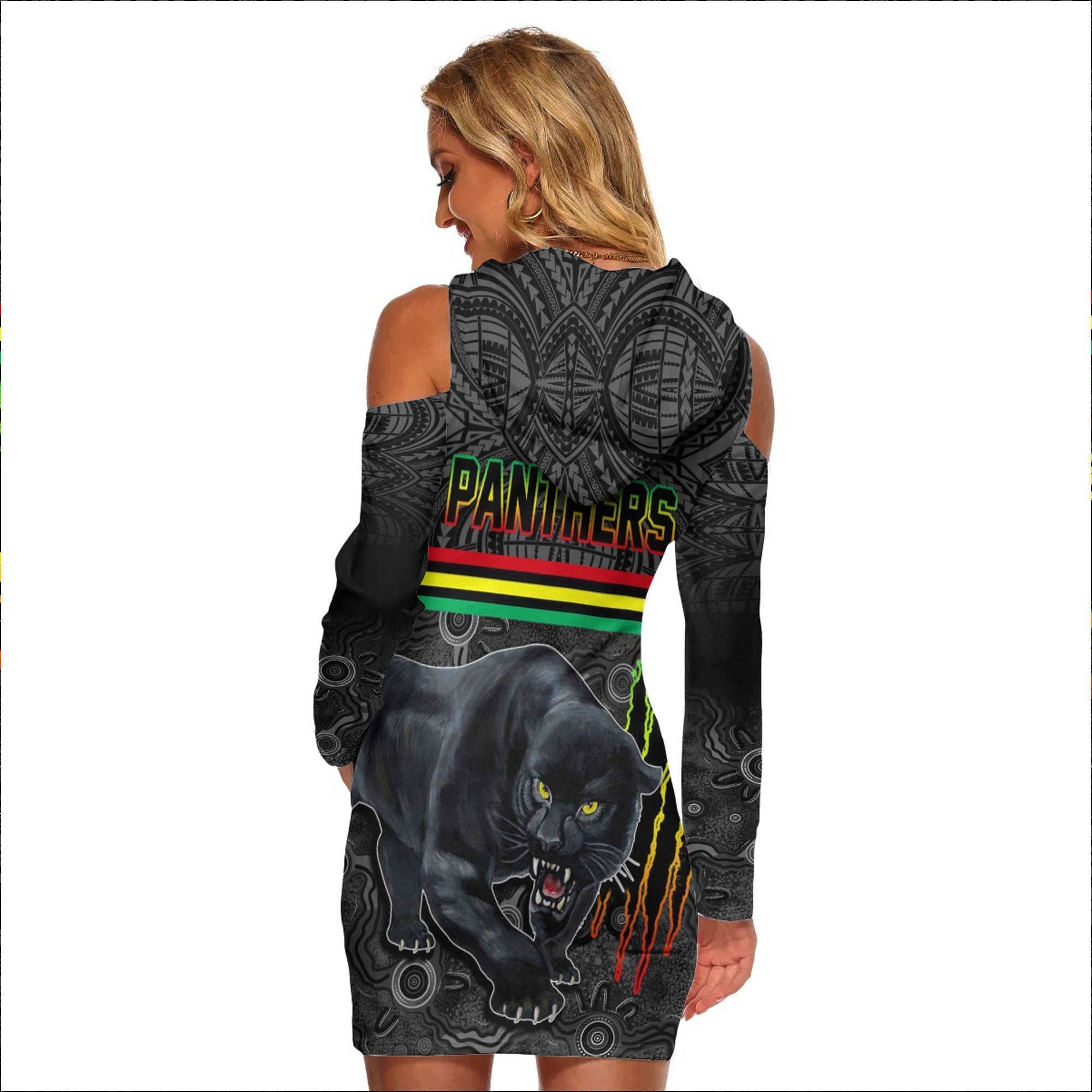 vibe-hoodie-clothing-penrith-panthers-aboriginal-tattoo-style-womens-tight-dress