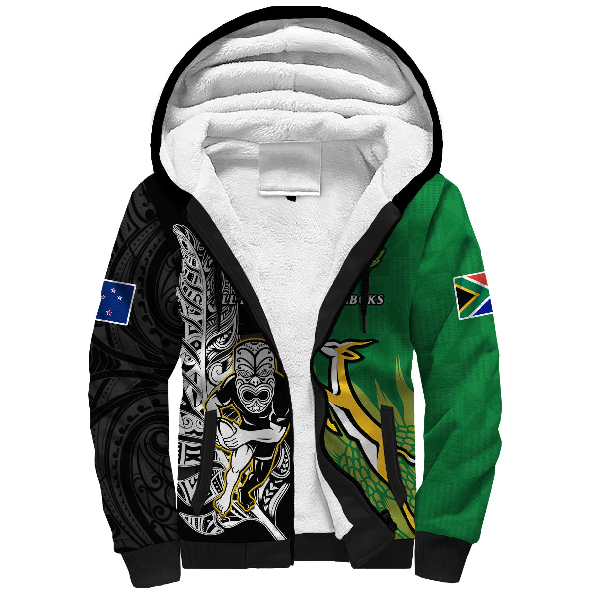 (Custom Personalised) New Zealand And South Africa Rugby Sherpa Hoodie All Black Maori Mix Springboks - Vibe Hoodie Shop