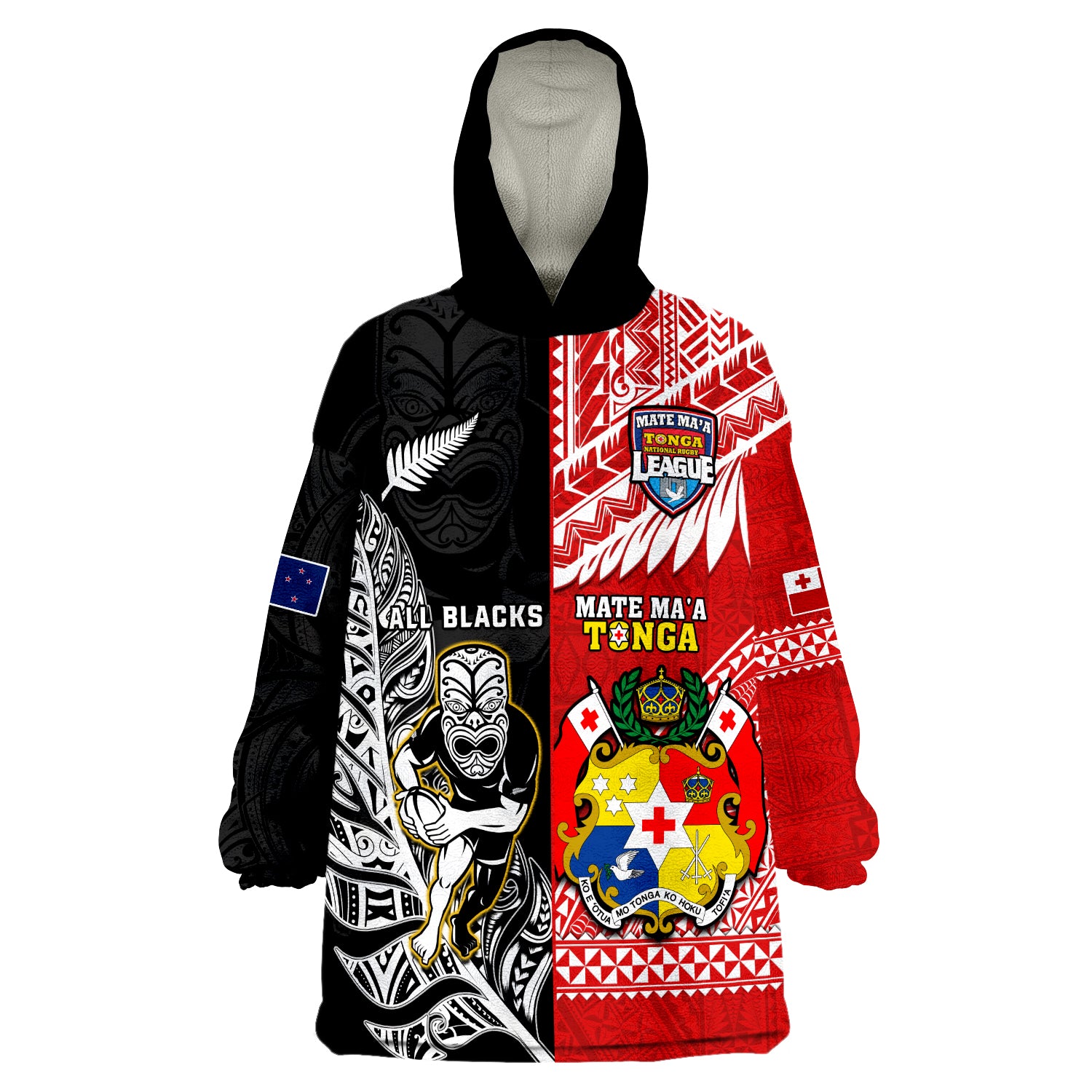 (Custom Personalised) Mate Maa Tonga And All Black Rugby Wearable Blanket Hoodie Polynesian Mix NZ Maori Fern - Vibe Hoodie Shop