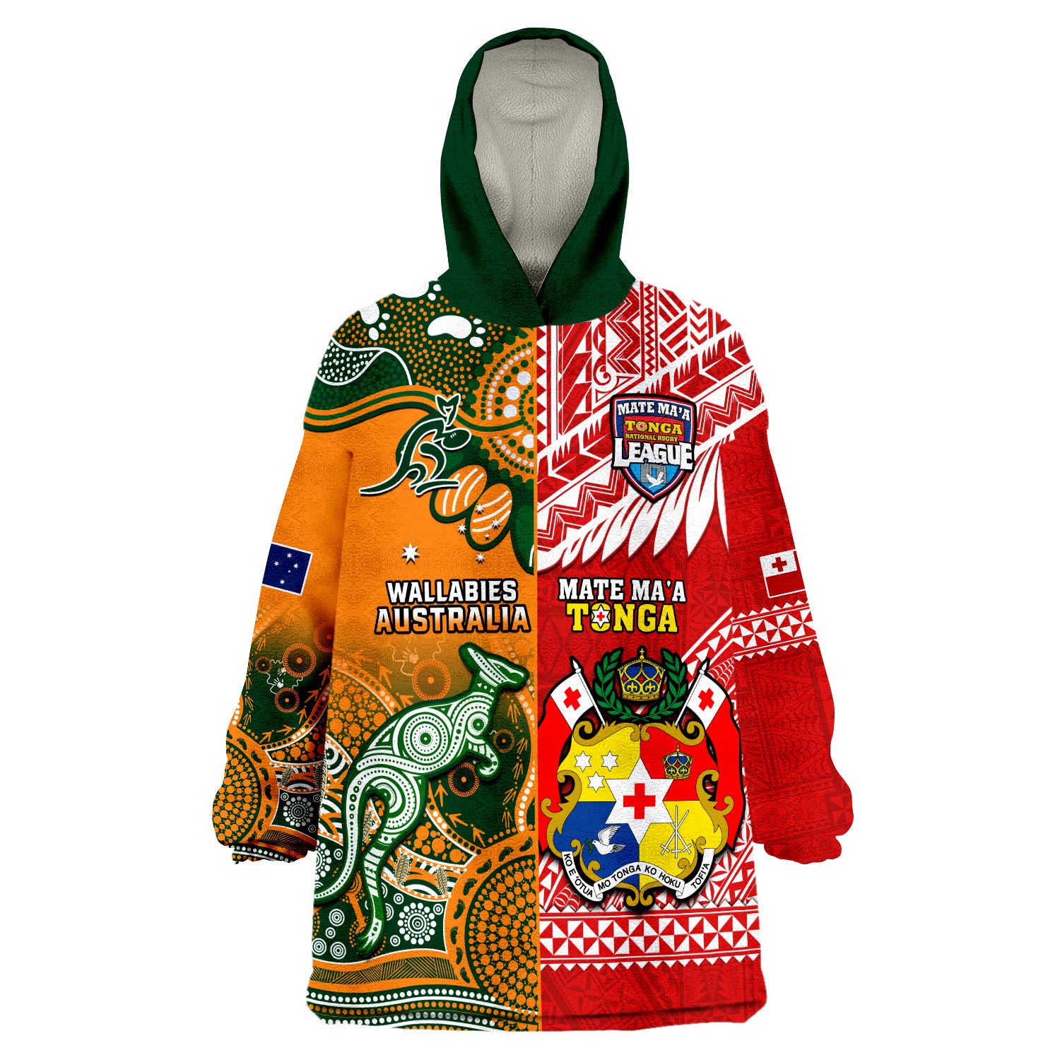 (Custom Personalised) Mate Maa Tonga And Wallabies Rugby Wearable Blanket Hoodie Polynesian Mix Aboriginal - Vibe Hoodie Shop