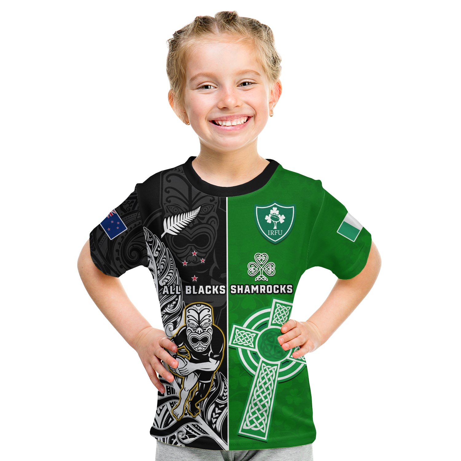 (Custom Personalised) New Zealand And Ireland Rugby T Shirt KID All Black Maori Mix Shamrocks - Vibe Hoodie Shop