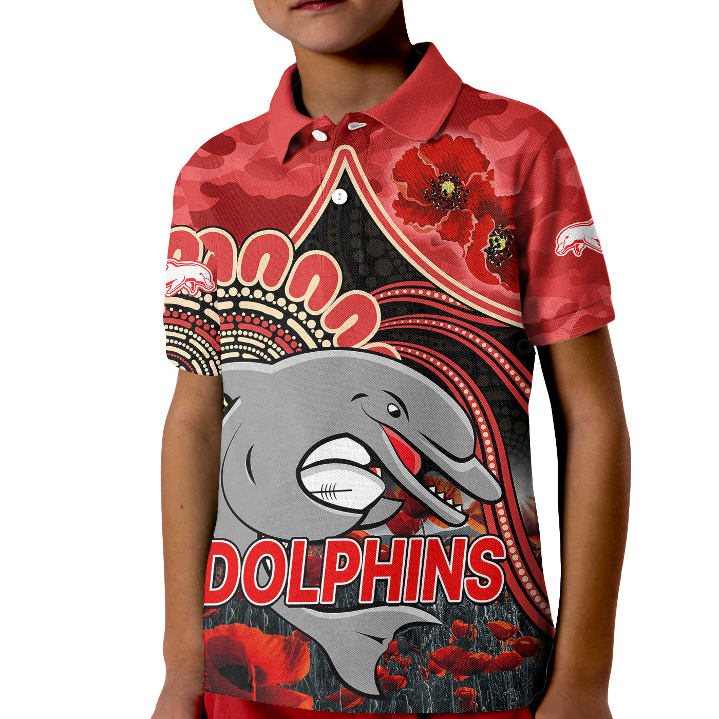 custom-personalised-nrl-anzac-redcliffe-dolphins-poppy-flowers-kid-polo-shirt