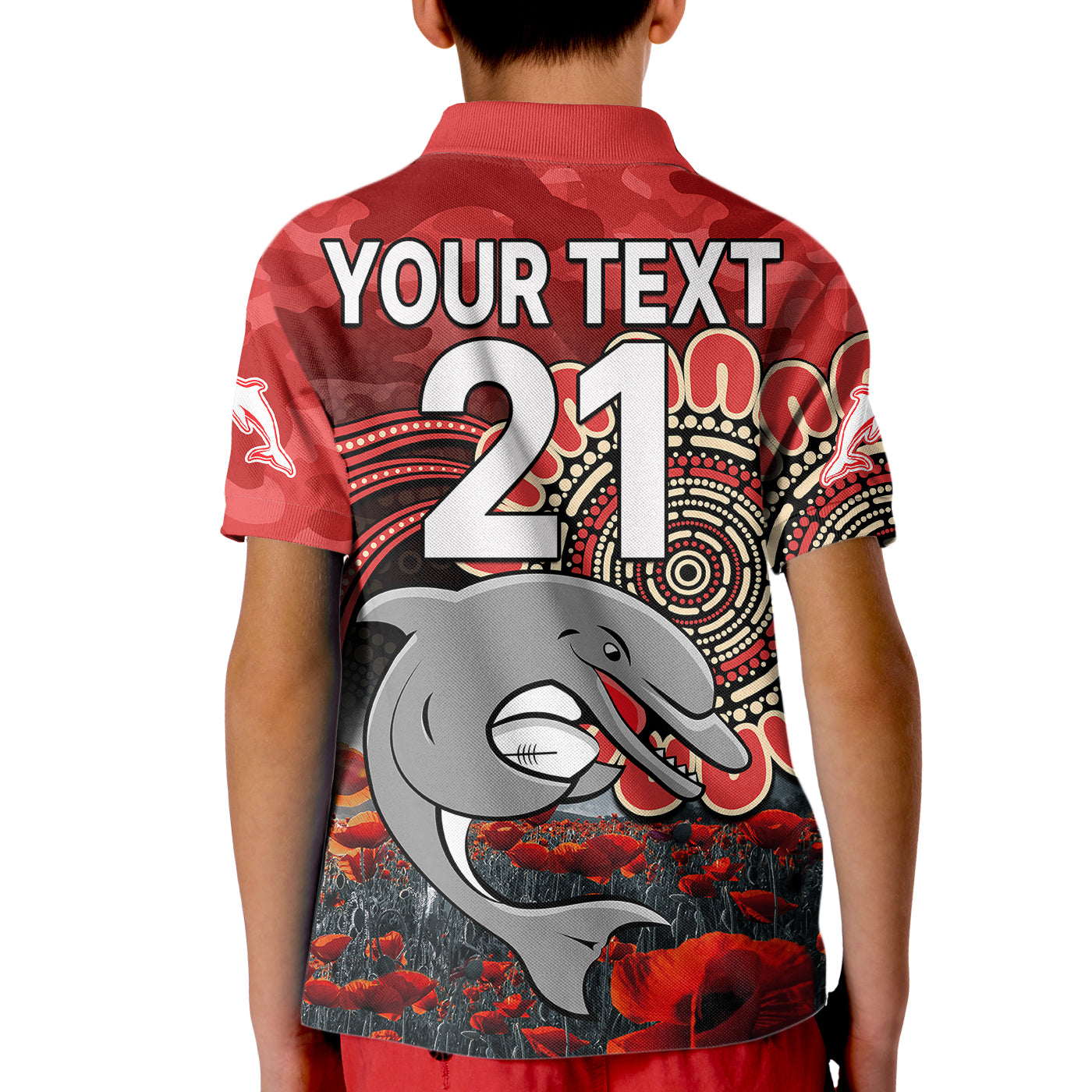 custom-personalised-nrl-anzac-redcliffe-dolphins-poppy-flowers-kid-polo-shirt