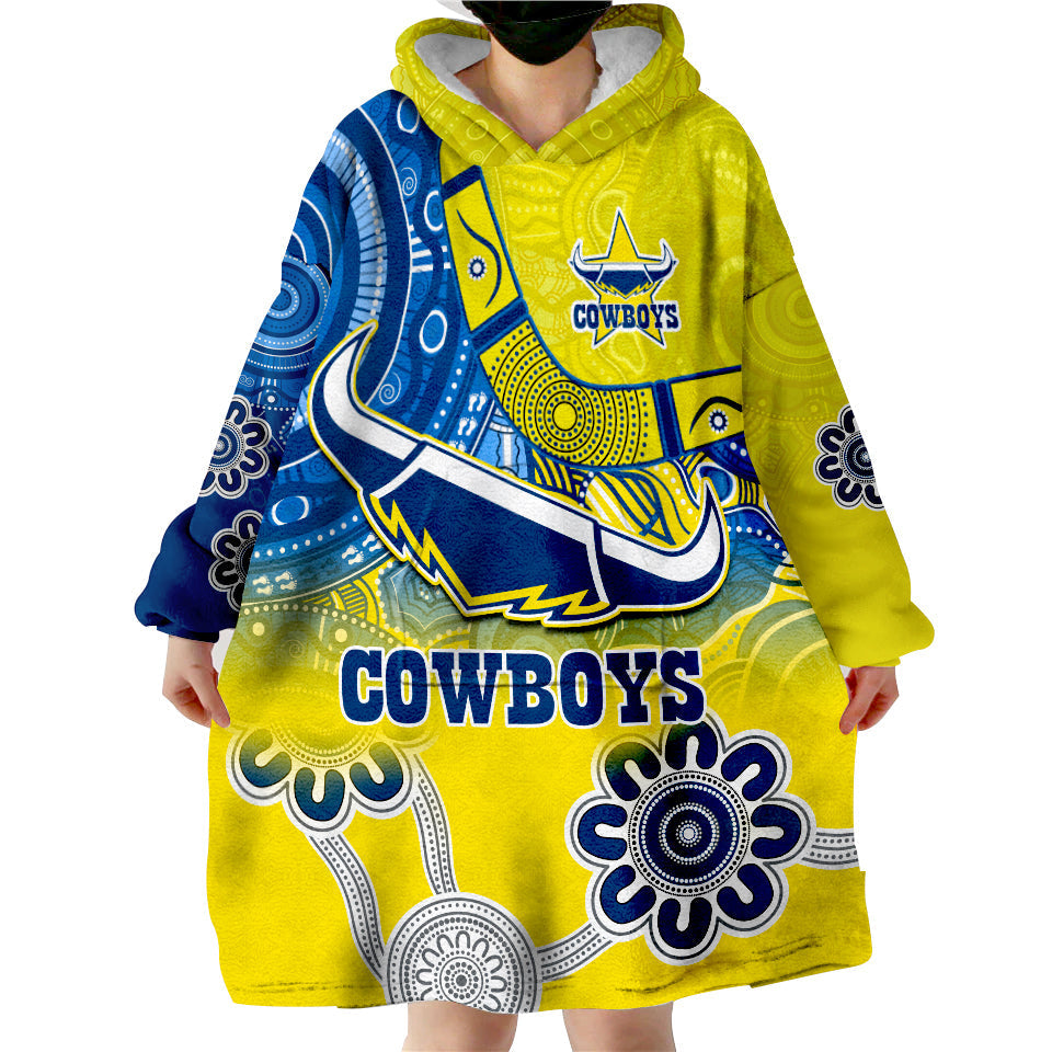 (Custom Text and Number) Cowboys Rugby Aboriginal Boomerang Go Premiers North Queensland Wearable Blanket Hoodie - Vibe Hoodie Shop