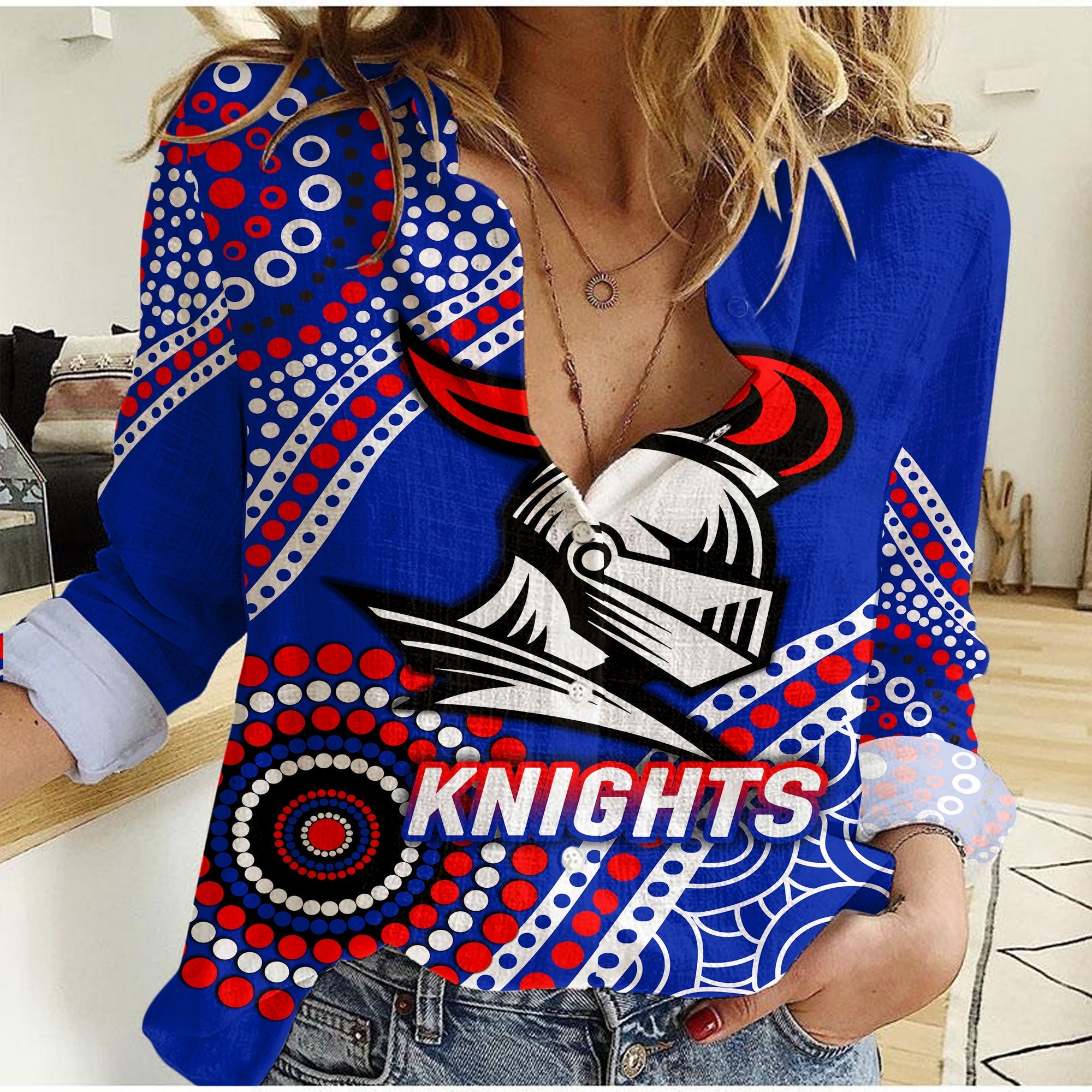 Knights Rugby 2022 Aboriginal Art Women Casual Shirt - - Vibe Hoodie Shop