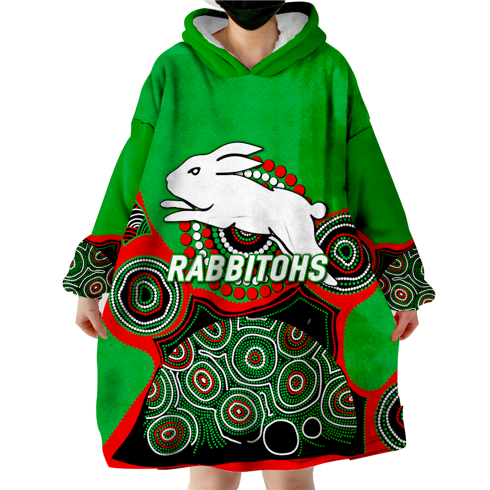 (Custom Personalised) Rabbitohs Rugby 2022 Aboriginal Art Wearable Blanket Hoodie - - Vibe Hoodie Shop