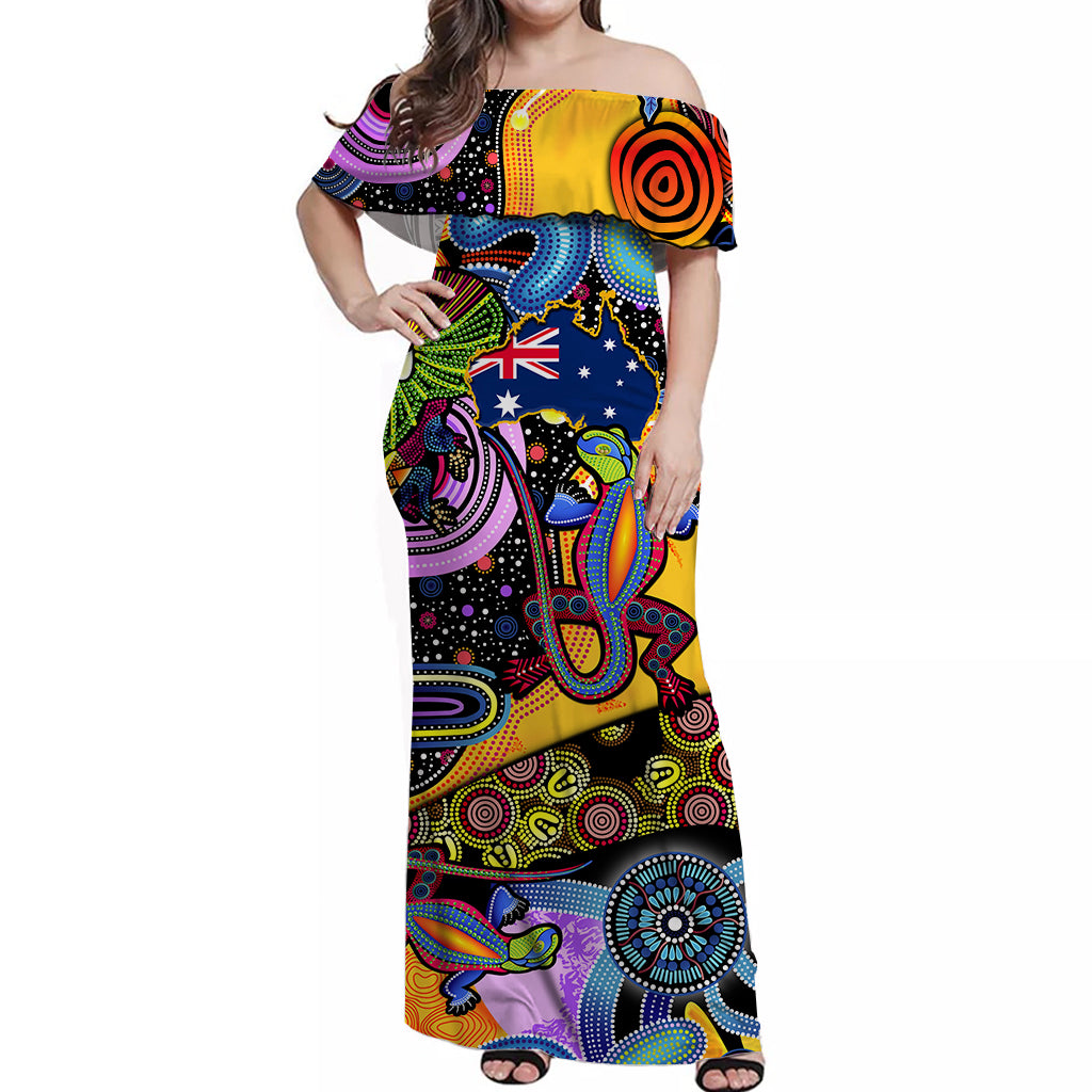 Australia Off Shoulder Long Dress Indigenous Animal Artsy - Vibe Hoodie Shop