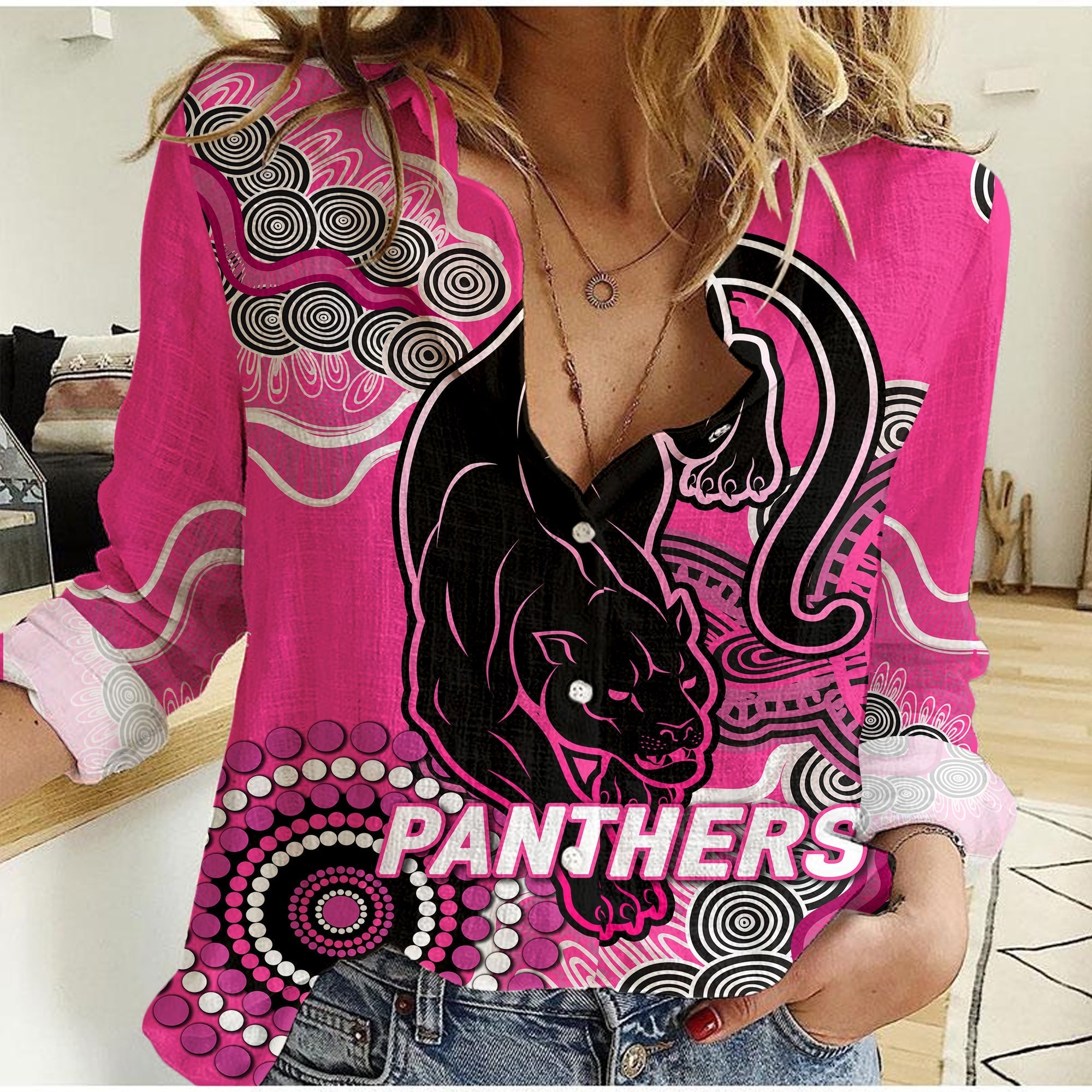 (Custom Personalised) Panthers Rugby 2022 Aboriginal Art Women Casual Shirt - - Vibe Hoodie Shop
