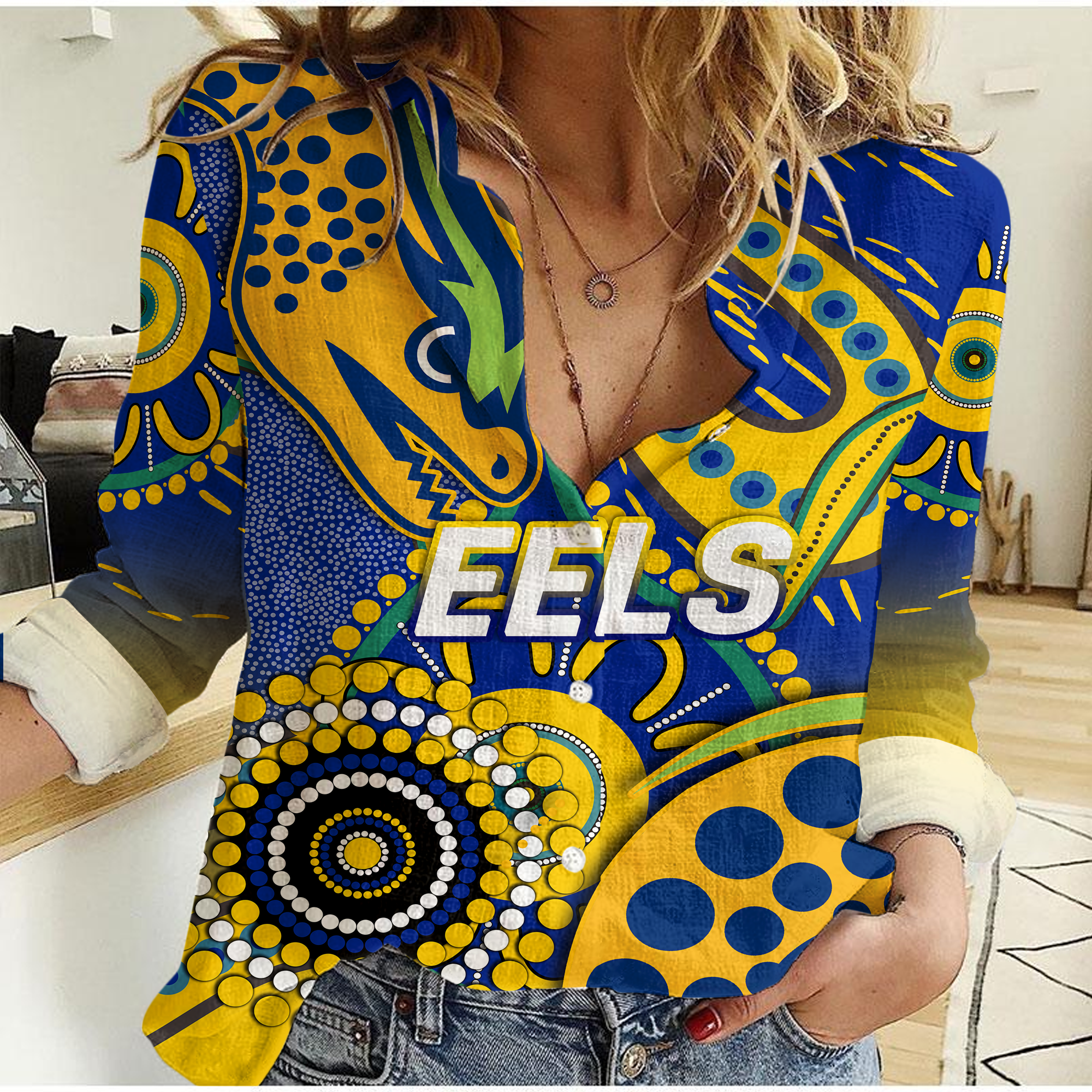(Custom Personalised) Eels Rugby 2022 Aboriginal Art Women Casual Shirt - - Vibe Hoodie Shop