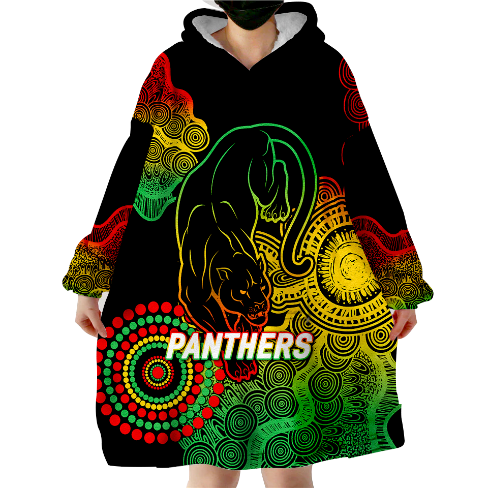 Panthers Rugby 2022 Aboriginal Art Black Wearable Blanket Hoodie - - Vibe Hoodie Shop