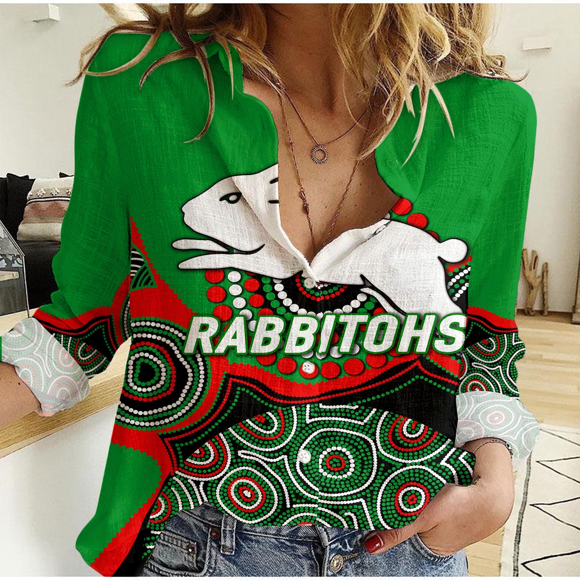 (Custom Personalised) Rabbitohs Rugby 2022 Aboriginal Art Women Casual Shirt - - Vibe Hoodie Shop