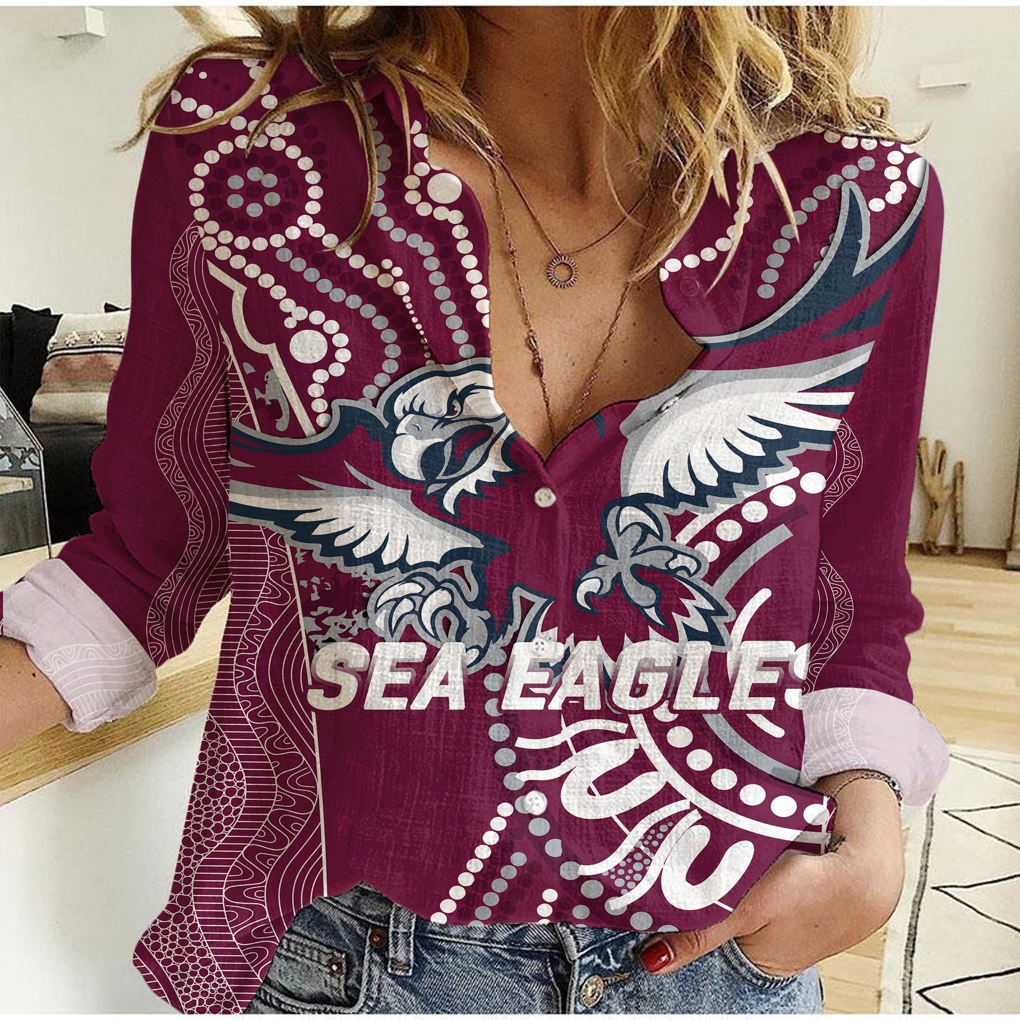 Sea Eagles Rugby 2022 Aboriginal Art Women Casual Shirt - - Vibe Hoodie Shop