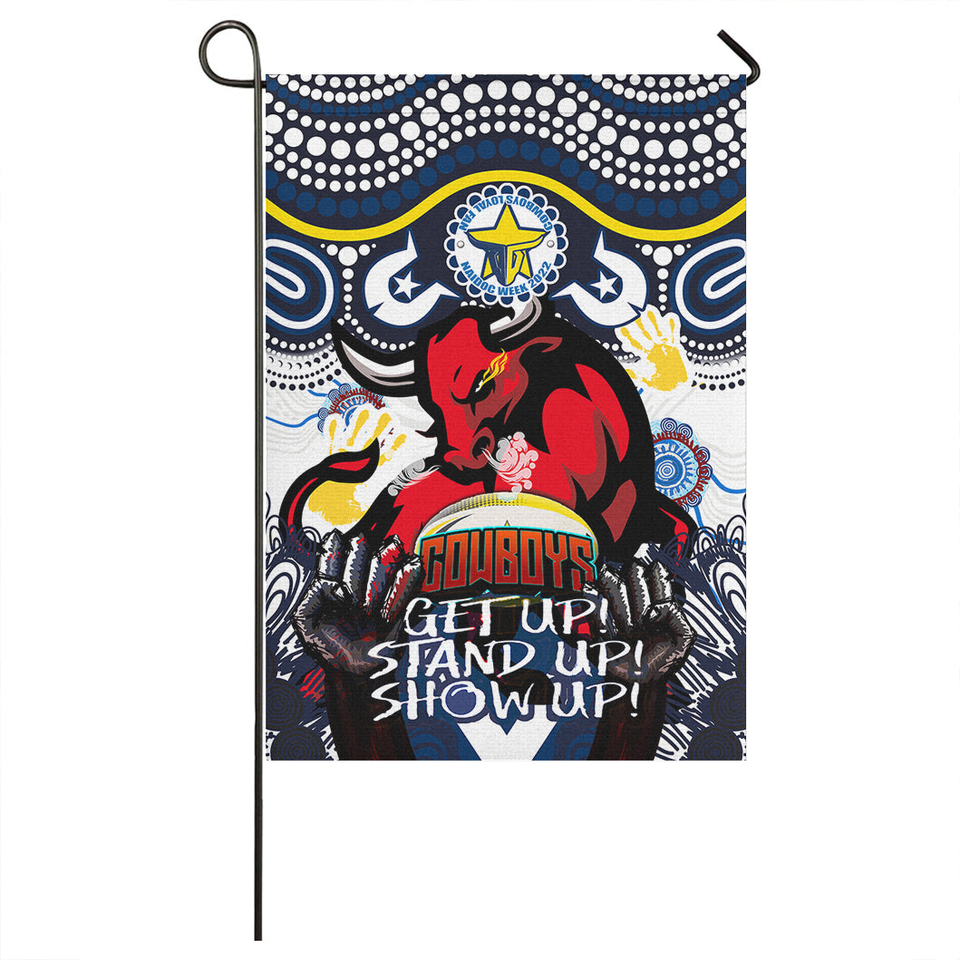 Cowboys Rugby Naidoc Week Flag - Custom Indigenous North Queensland Cowboys Getting Up, Standing Up, and Showing Up Flag - Vibe Hoodie Shop
