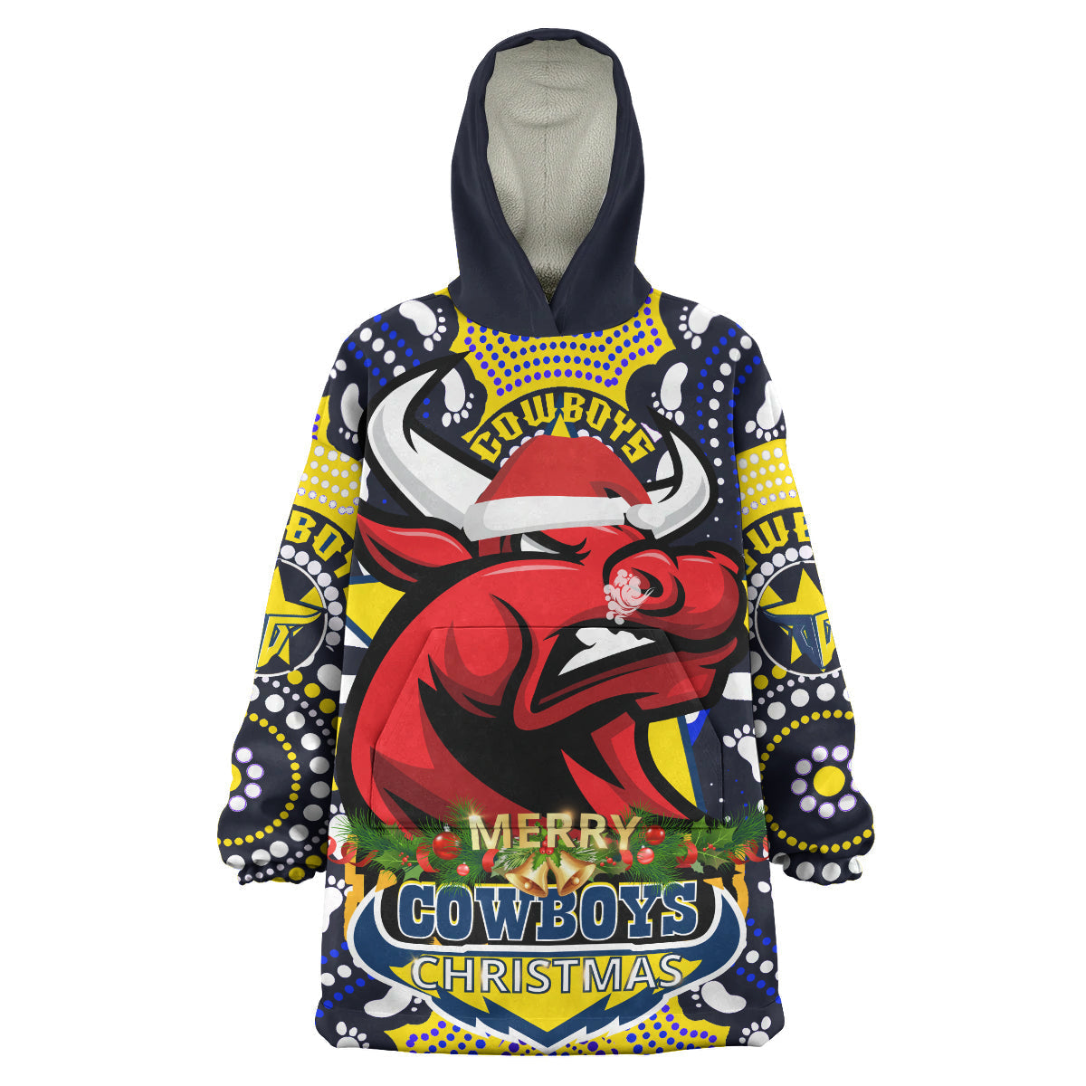 Cowboys Rugby Christmas Custom Snug Hoodie - Merry Christmas North Queensland Cowboys With Aboriginal Dot Art Painting Footprints Wearable Blanket Hoodie - Vibe Hoodie Shop