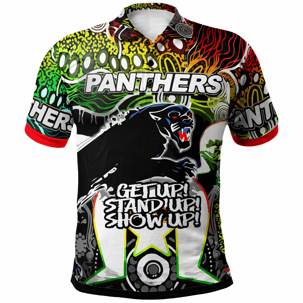 Panthers Rugby NAIDOC Week Polo Shirt - Indigenous Penrith Panthers "Get Up, Stand Up, Show Up" Watercolour Style Polo Shirt RLT12 - Vibe Hoodie Shop