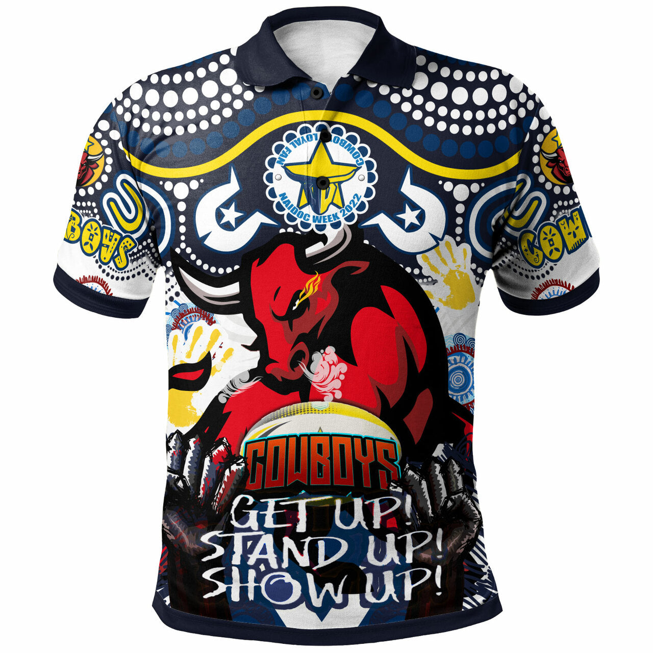 Cowboys Rugby NAIDOC Week Indigenous North Queensland Cowboys Getting Up, Standing Up, and Showing Up Polo Shirt RLT12 - Vibe Hoodie Shop