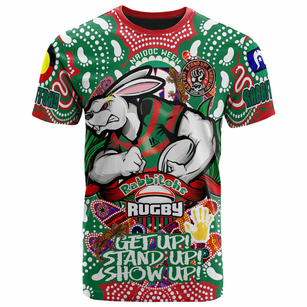 Rabbitohs Rugby NAIDOC Week T shirt South Sydney Rabbitohs With Aboriginal and Torres Strait Islanders Culture RLT12 - Vibe Hoodie Shop