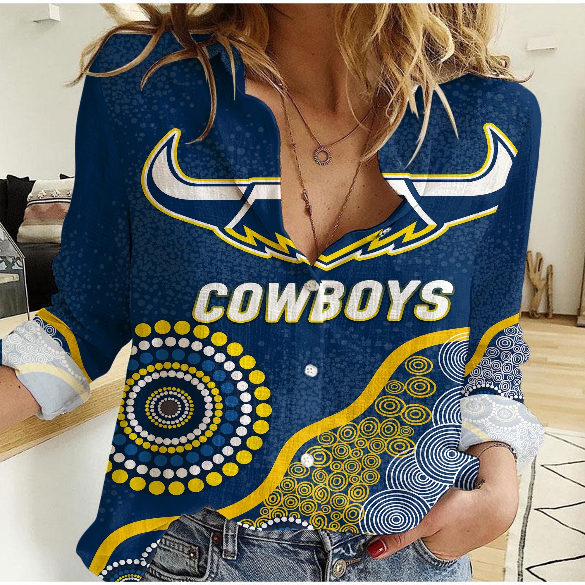 (Custom Personalised) Cowboys Rugby 2022 Aboriginal Art Women Casual Shirt - - Vibe Hoodie Shop
