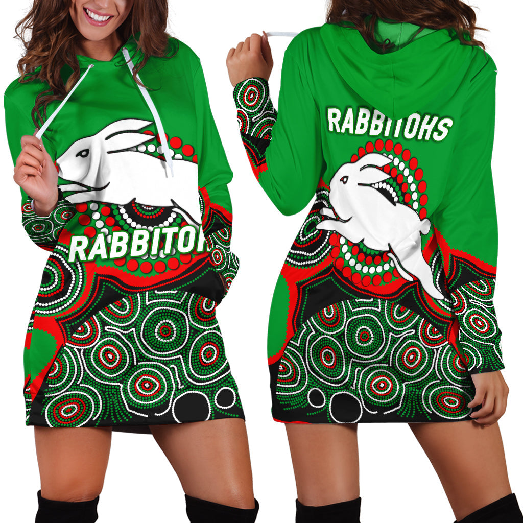 Rabbitohs Rugby 2022 Aboriginal Art Hoodie Dress - - Vibe Hoodie Shop