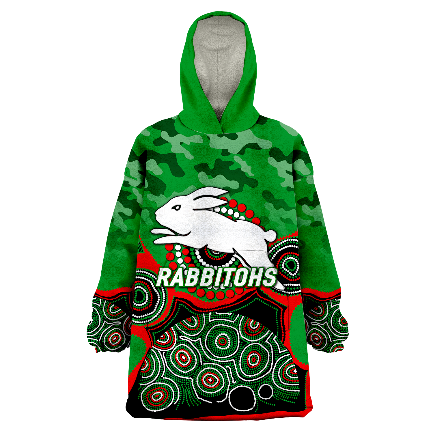 Rabbitohs Rugby ANZAC Day Camouflage Indigenous Art Wearable Blanket Hoodie - - Vibe Hoodie Shop