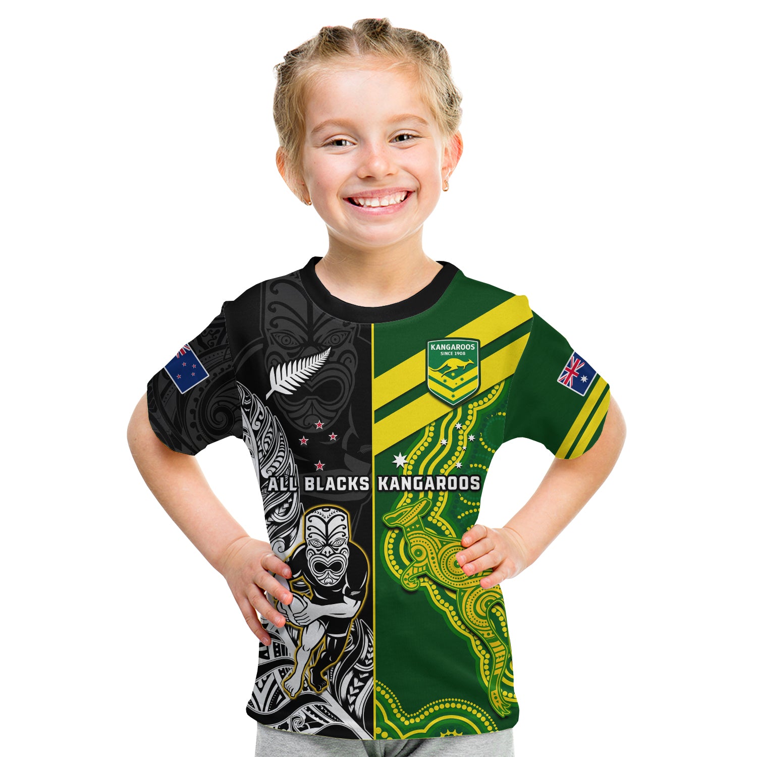 (Custom Personalised) Australia Kangaroos And All Black Rugby T Shirt KID Aboriginal Mix NZ Maori Fern - Vibe Hoodie Shop