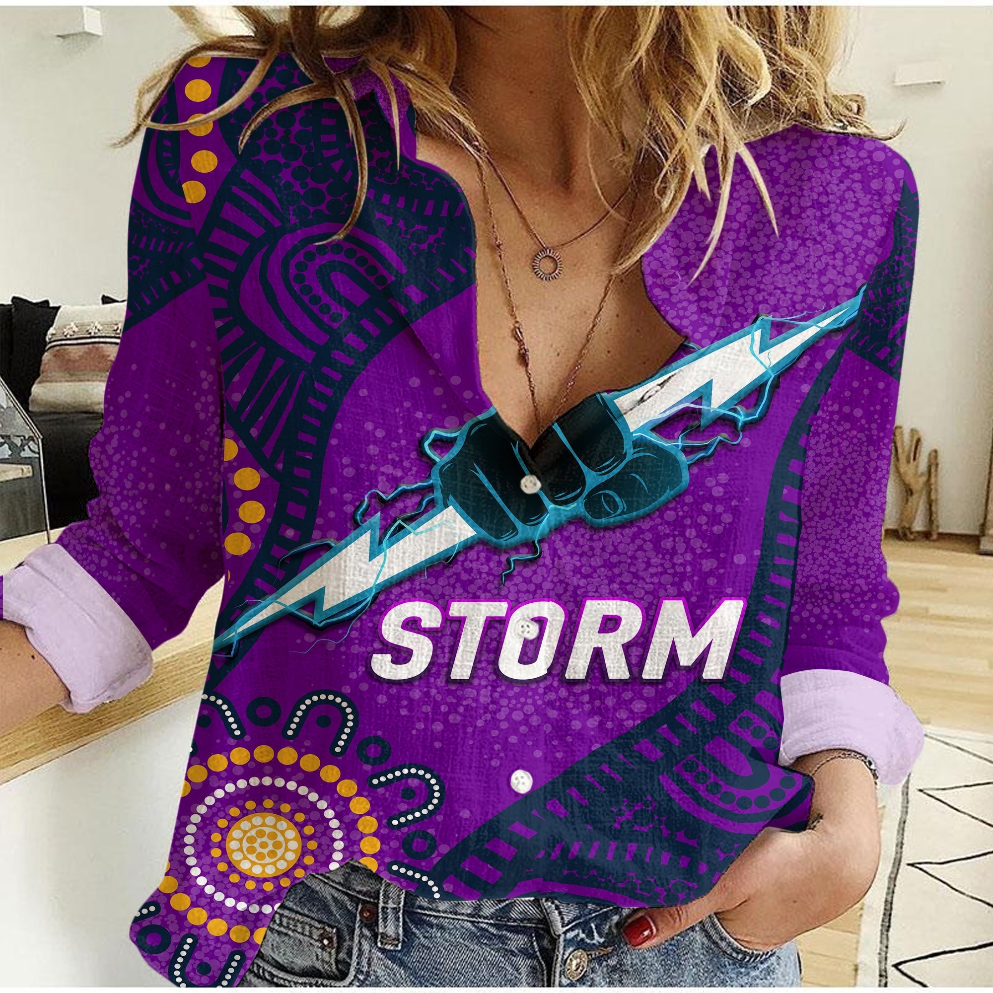 (Custom Personalised) Storm Rugby 2022 Aboriginal Art Women Casual Shirt - - Vibe Hoodie Shop