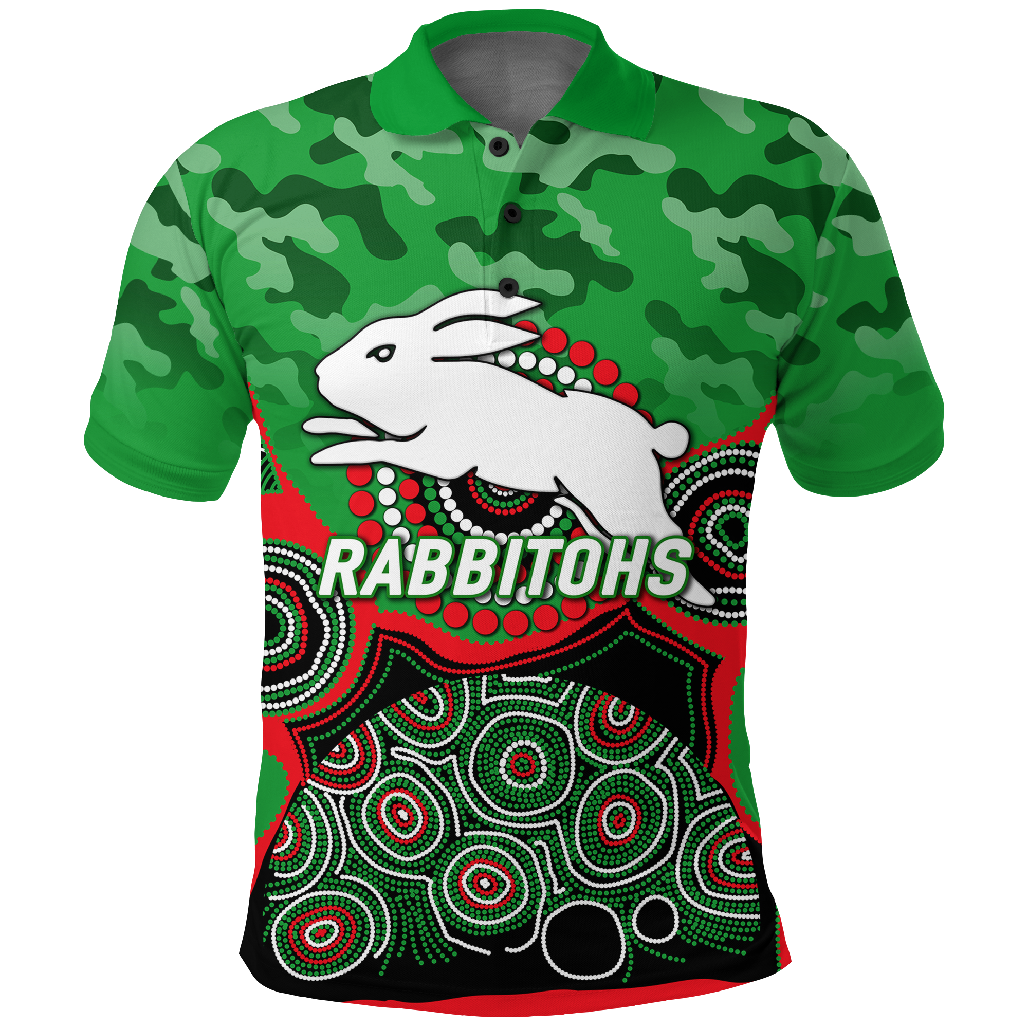 Rabbitohs Rugby ANZAC Day Camouflage Indigenous Art Polo Shirt - - Vibe Hoodie Shop