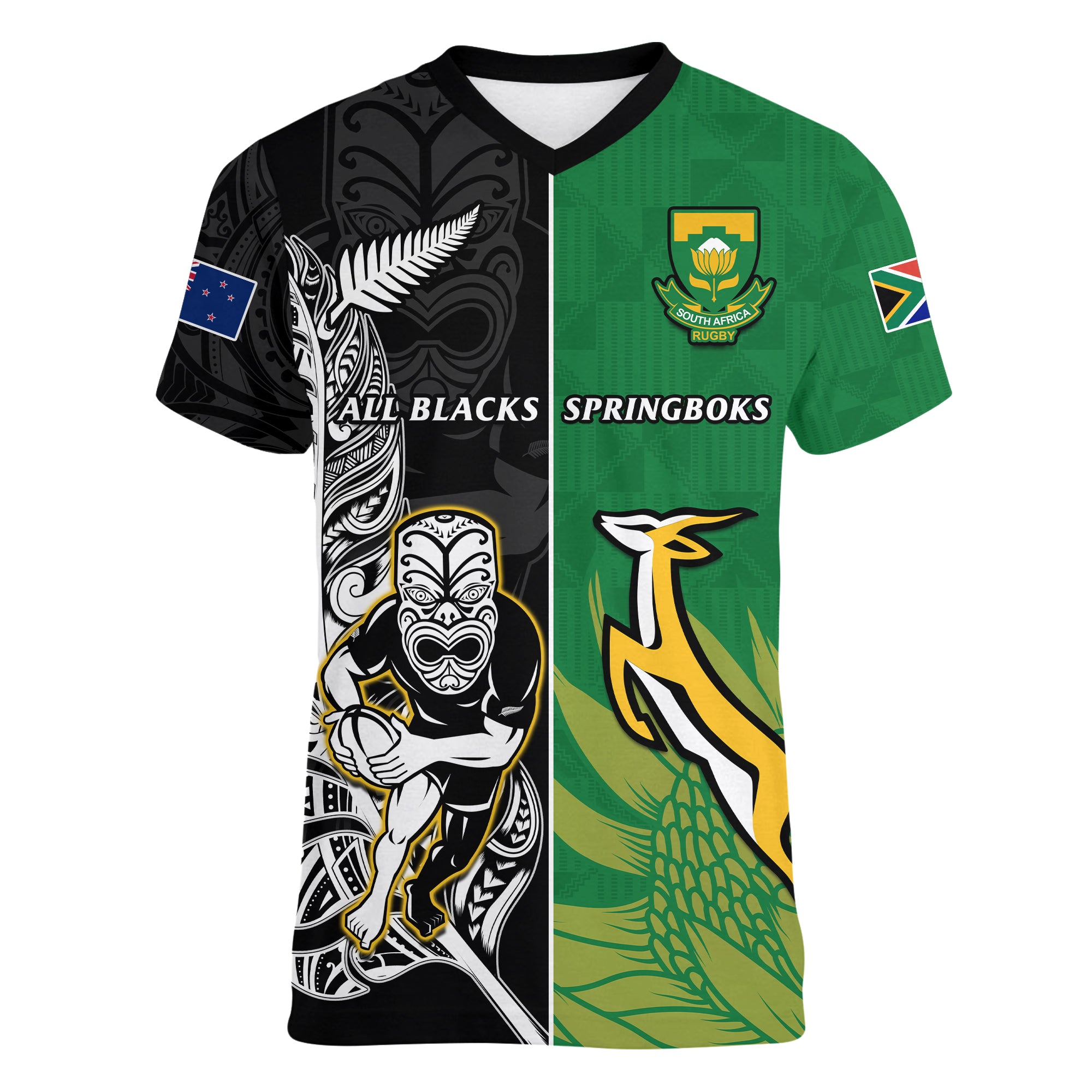 (Custom Personalised) New Zealand And South Africa Rugby V-Neck T Shirt All Black Maori Mix Springboks - Vibe Hoodie Shop