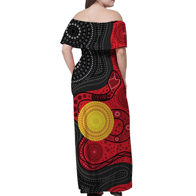 Australian Dots Sun With Snake Off Shoulder Long Dress Indigenous Art - Vibe Hoodie Shop