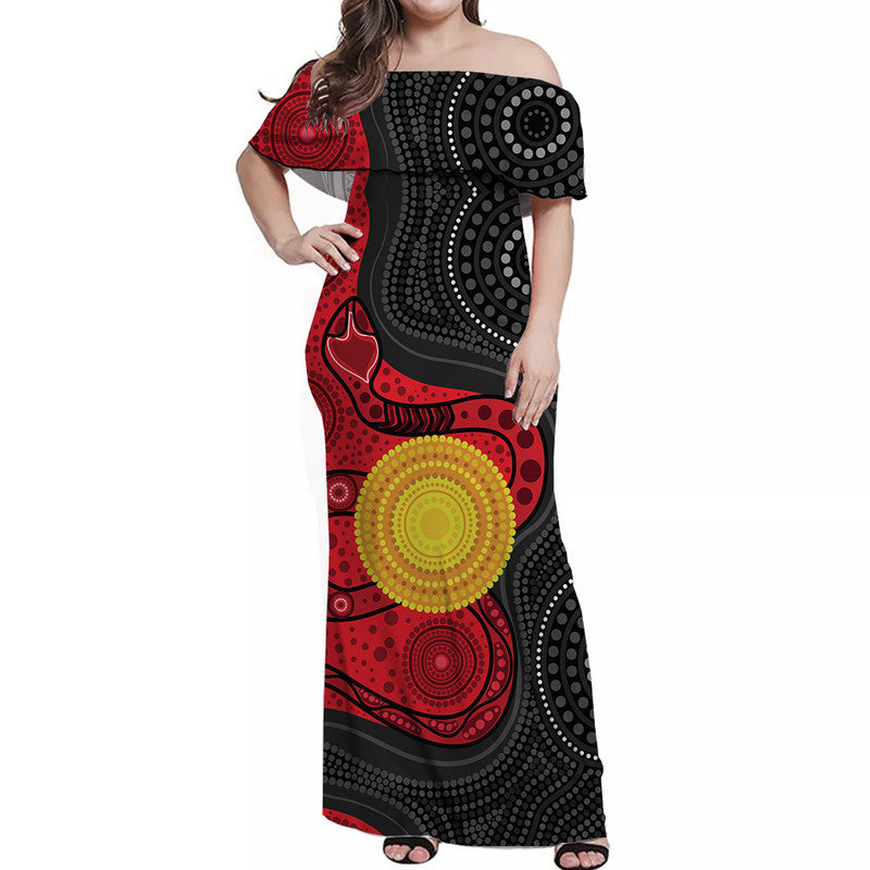 Australian Dots Sun With Snake Off Shoulder Long Dress Indigenous Art - Vibe Hoodie Shop