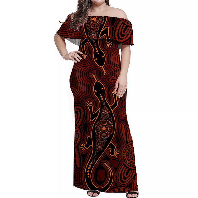 Australia Indigenous With Lizards Off Shoulder Long Dress Orange Version - Vibe Hoodie Shop