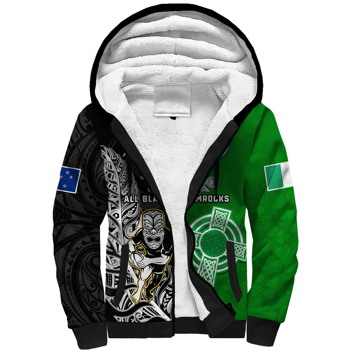 (Custom Personalised) New Zealand And Ireland Rugby Sherpa Hoodie All Black Maori Mix Shamrocks - Vibe Hoodie Shop