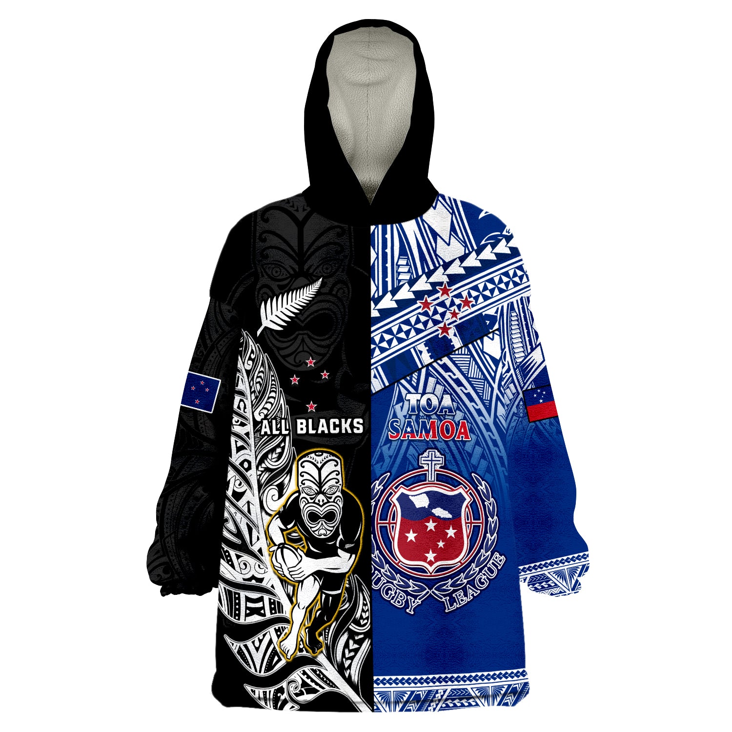 (Custom Personalised) All Black And Toa Samoa Rugby Wearable Blanket Hoodie NZ Maori Fern Mix Polynesian - Vibe Hoodie Shop