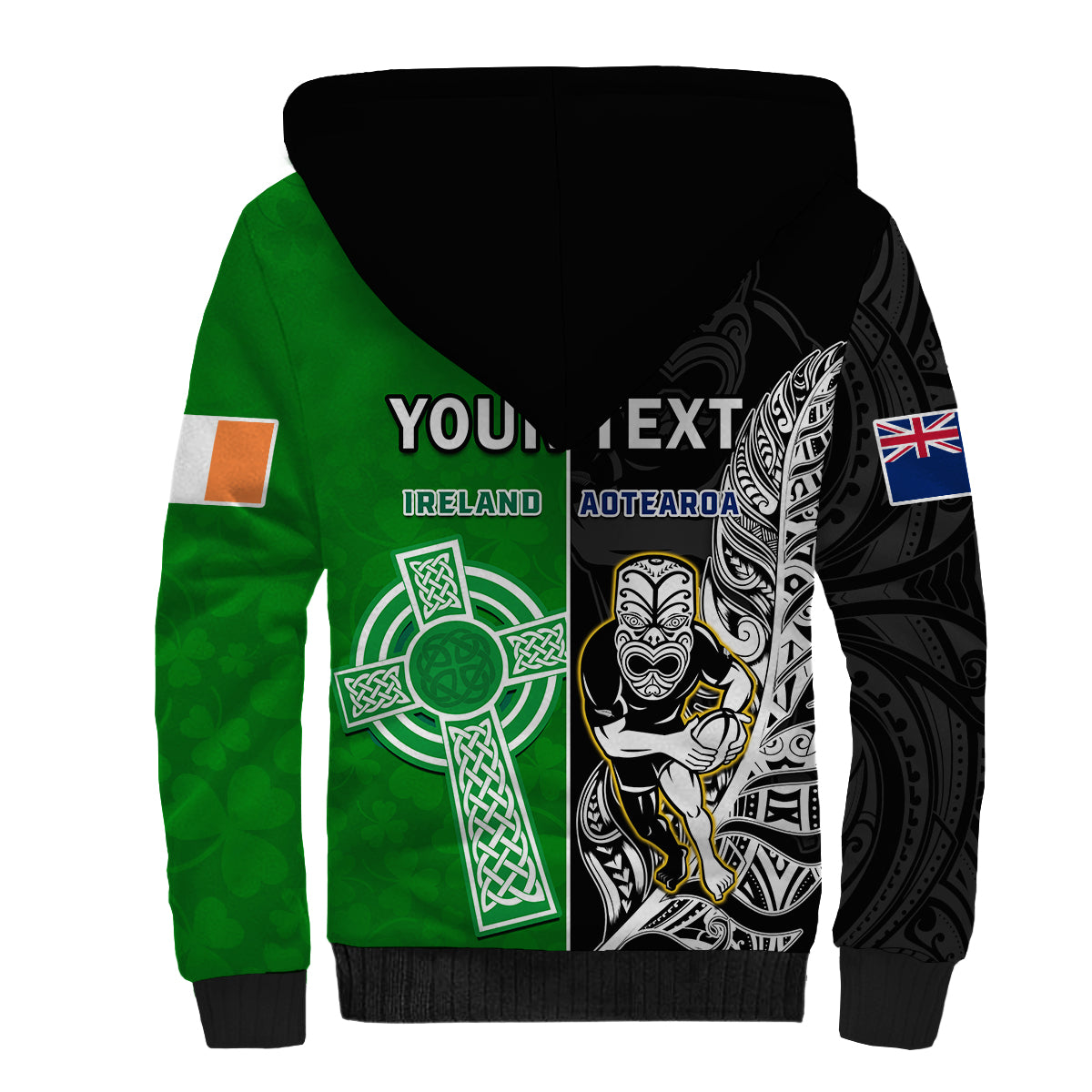 (Custom Personalised) New Zealand And Ireland Rugby Sherpa Hoodie All Black Maori Mix Shamrocks - Vibe Hoodie Shop