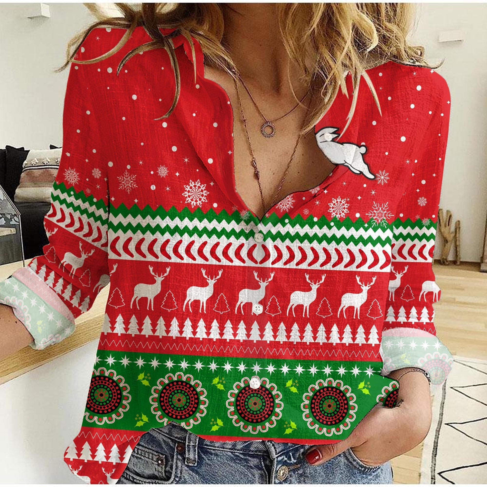 (Custom Personalised) Rabbitohs Women Casual Shirt South Sydney Christmas - Vibe Hoodie Shop