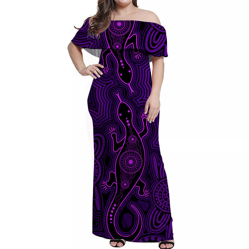 Australia Indigenous With Lizards Off Shoulder Long Dress Purple Version - Vibe Hoodie Shop