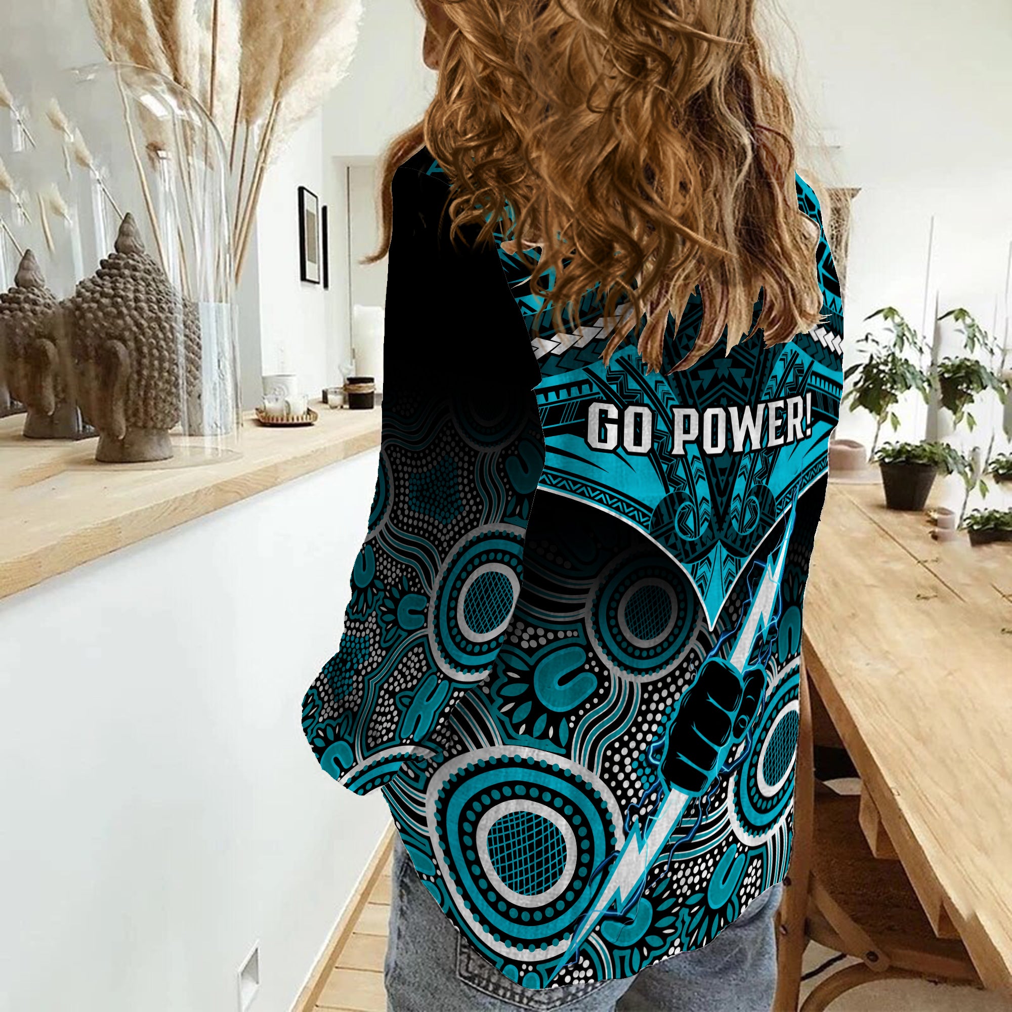 Port Adelaide Football Women Casual Shirt Power Aboriginal Mix Polynesian Pattern - Vibe Hoodie Shop