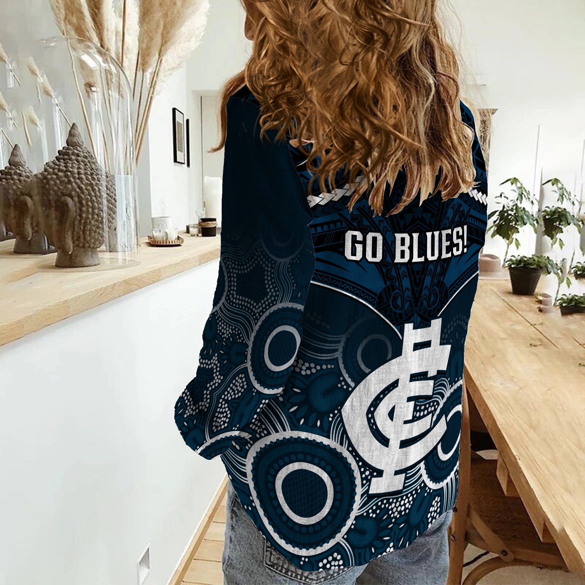 Carlton Football Women Casual Shirt Blues Aboriginal Mix Polynesian Pattern - Vibe Hoodie Shop