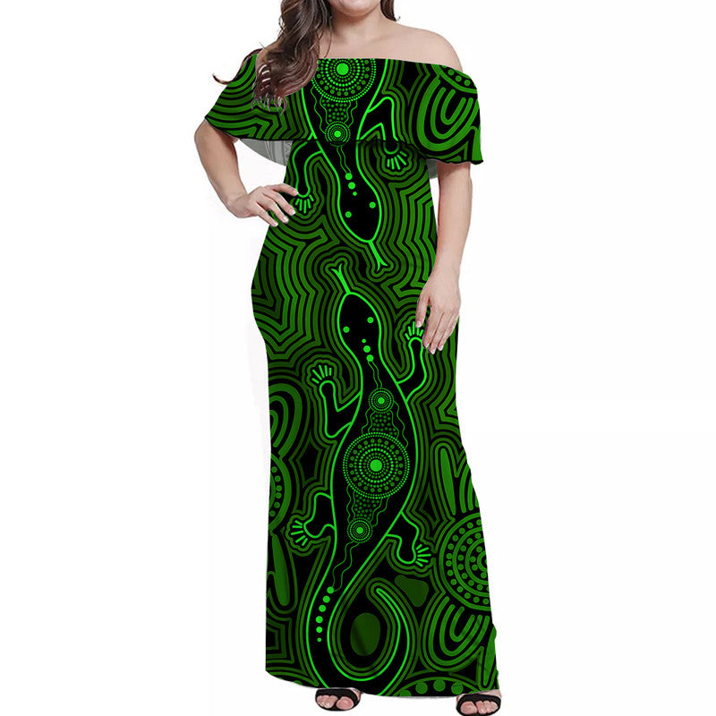 Australia Indigenous With Lizards Off Shoulder Long Dress Green Version - Vibe Hoodie Shop